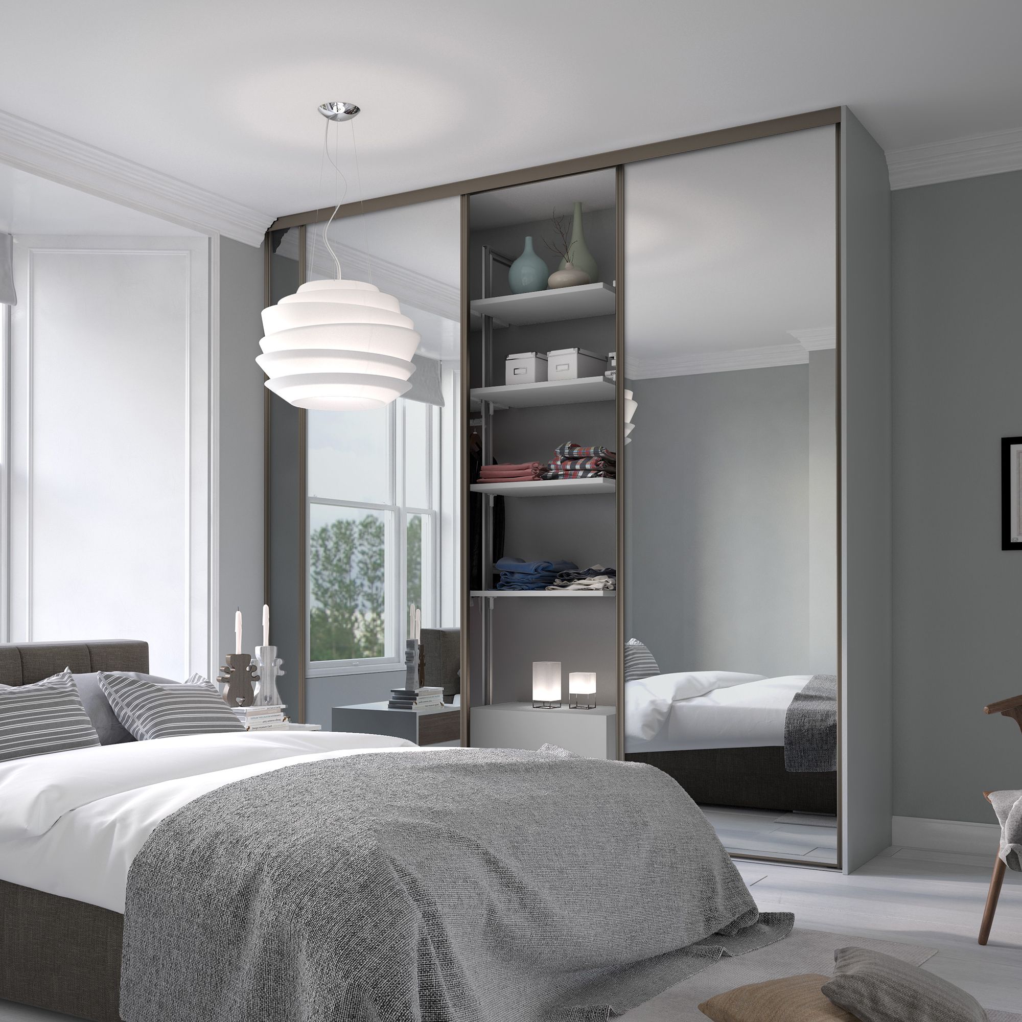 Spacepro Classic Panelled Mirrored Nickel 3 door Sliding Wardrobe Door kit (H)2220mm (W)1803mm