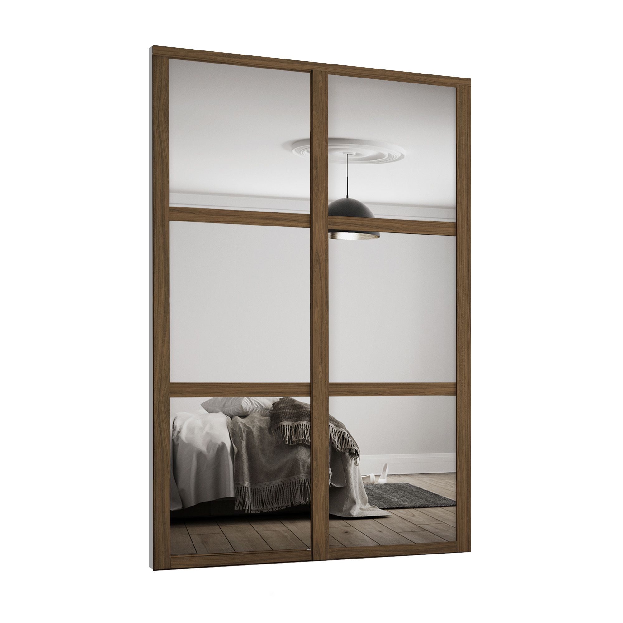 Spacepro Classic Panelled Walnut effect 3 panel 2 mirror Sliding wardrobe door (H) 2220mm x (W) 914mm, Set of 2