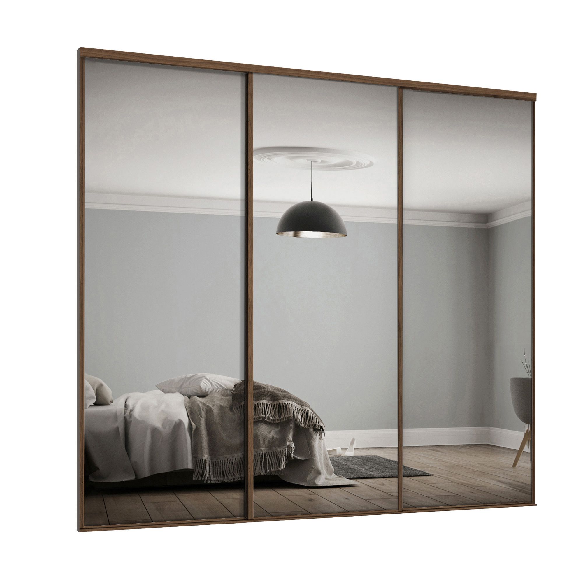 Spacepro Classic Panelled Walnut effect Single panel 3 mirror Sliding wardrobe door (H) 2220mm x (W) 914mm, Set of 3