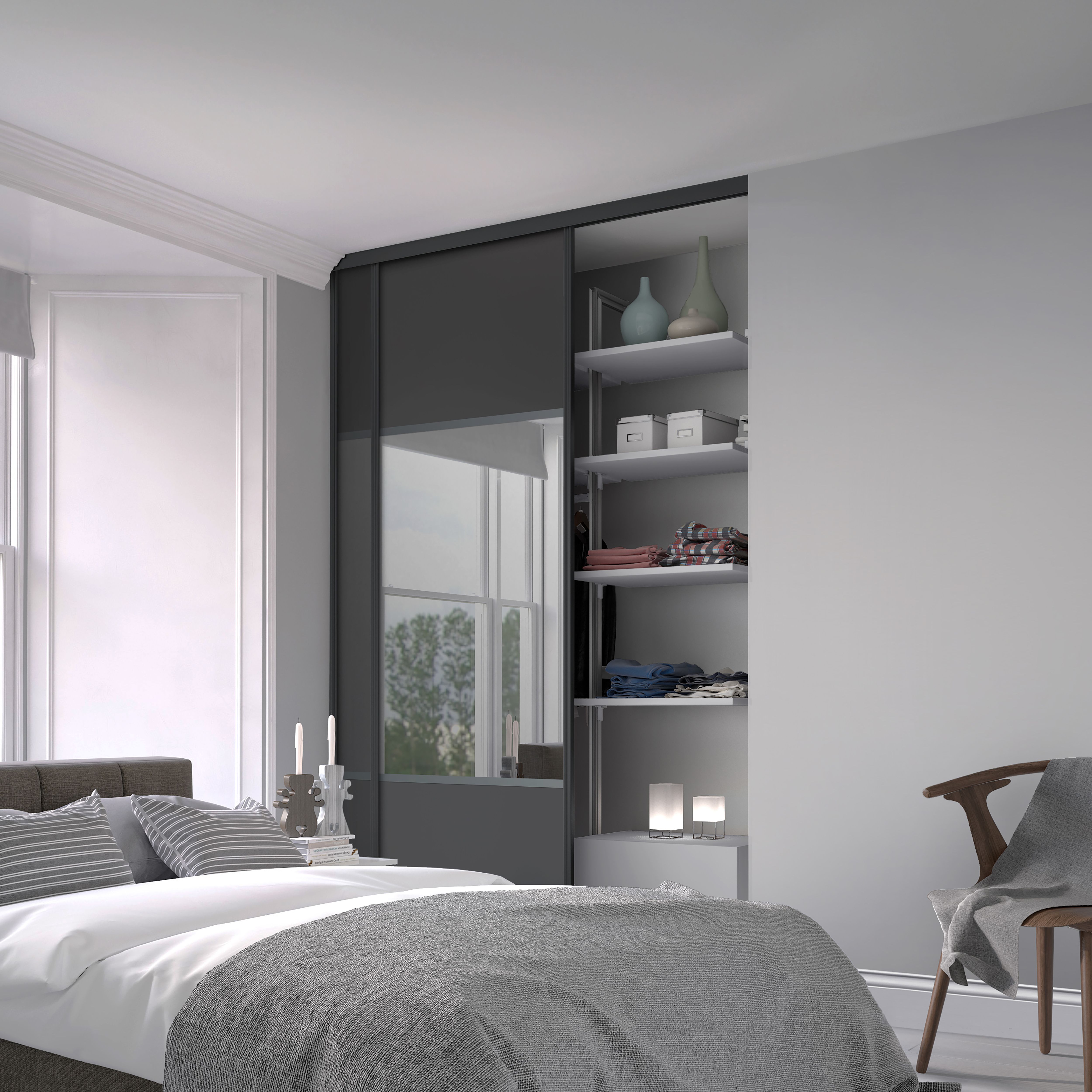 Spacepro Classic Wideline Mirrored Graphite framed Sliding wardrobe ...