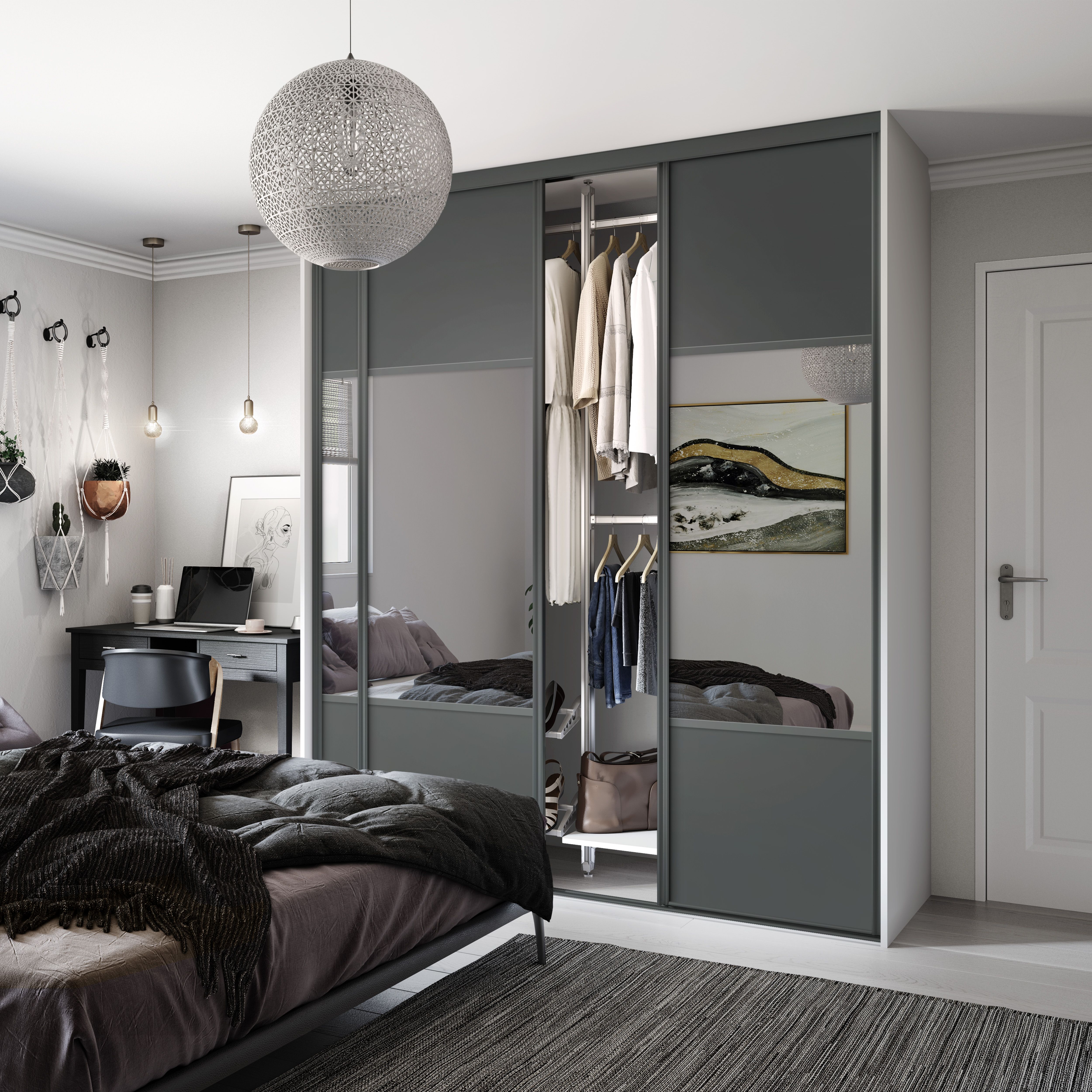 Spacepro Classic Wideline Mirrored Graphite framed Sliding wardrobe door (H)2220mm (W)914mm