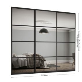 Spacepro Element Black 4 panel Mirrored Sliding wardrobe door (H) 2220mm x (W) 762mm, Set of 3