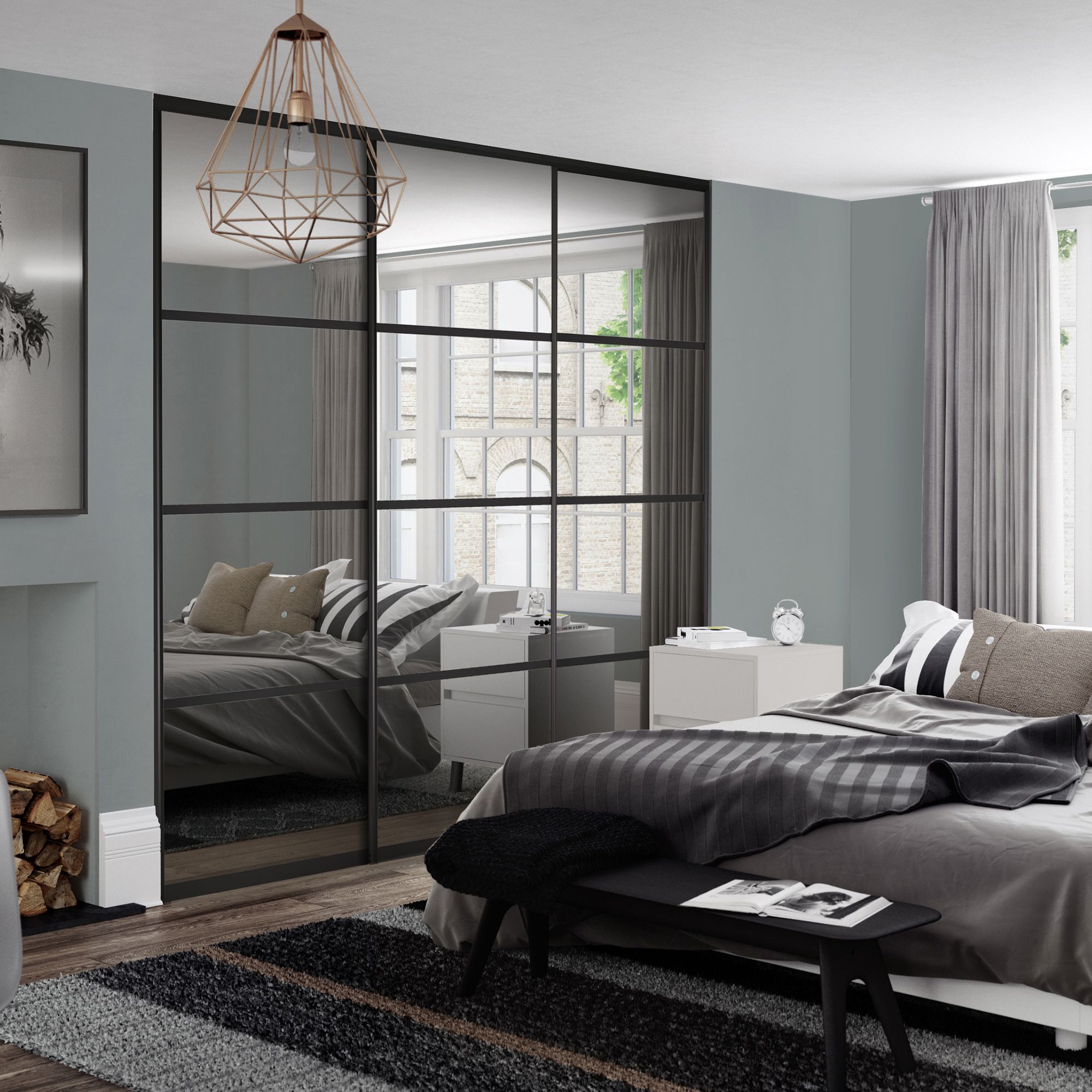 Spacepro Element Black frame 4 panel Mirrored Sliding wardrobe door, (H)2220mm (W) 610mm Set of 3
