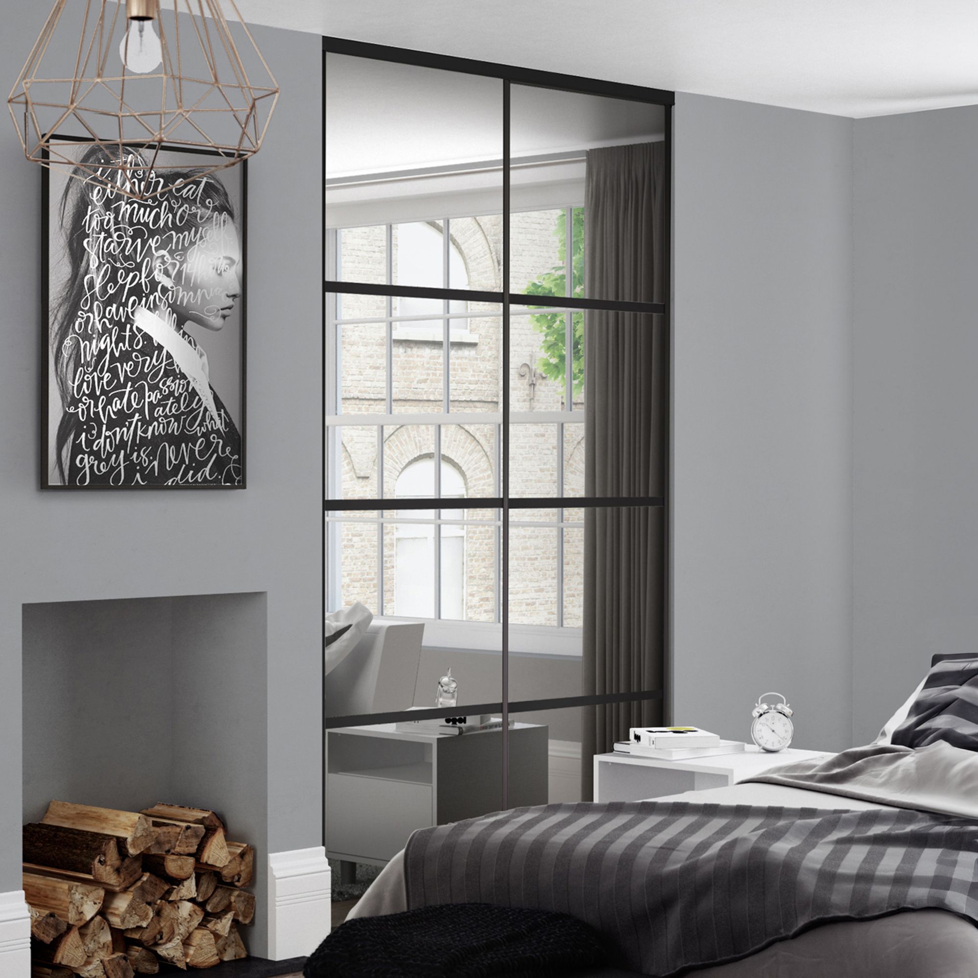 Spacepro Element Black frame 4 panel Mirrored Sliding wardrobe door, (H)2220mm (W) 914mm Set of 2