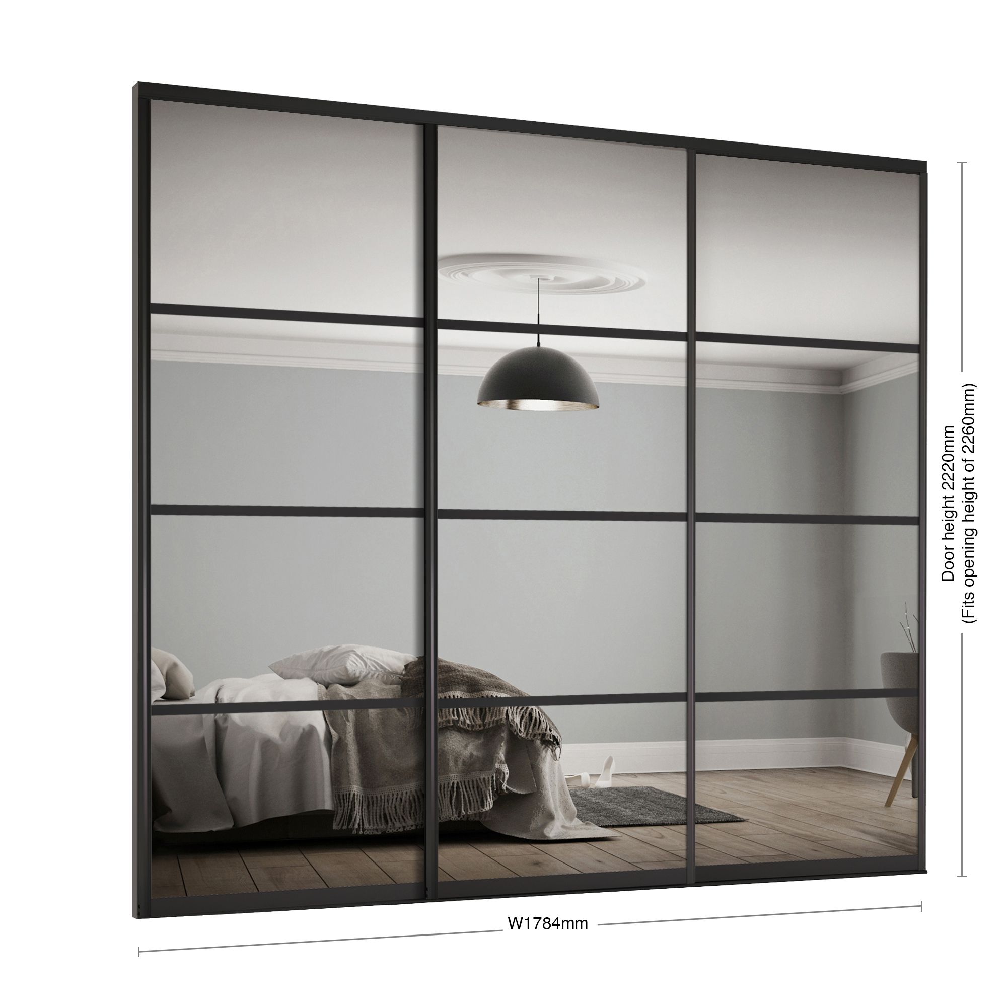 Spacepro Element Black frame 4 panel Mirrored Sliding wardrobe door, (H)2220mm (W) 914mm Set of 3