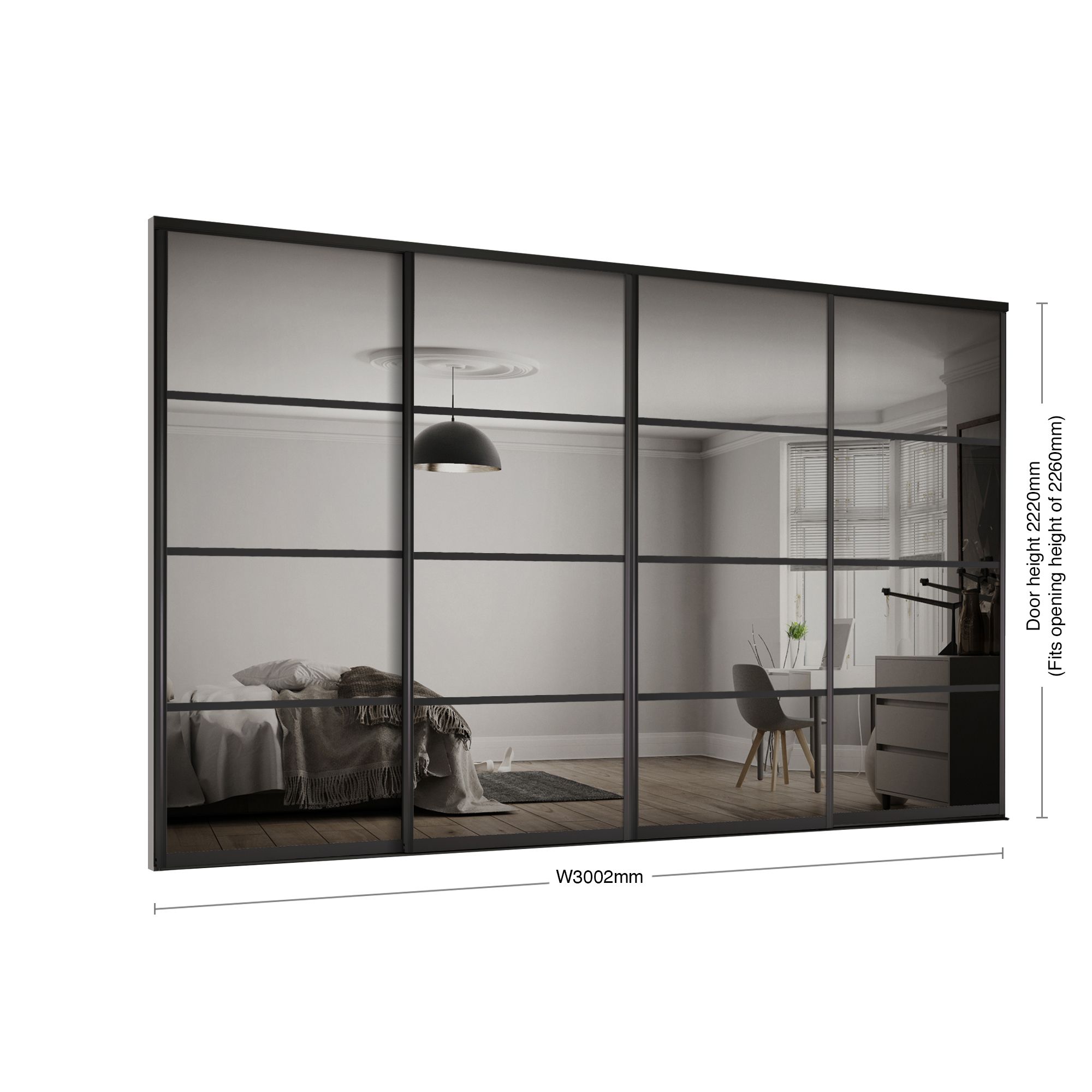 Spacepro Element Black frame 4 panel Mirrored Sliding wardrobe door, (H)2220mm (W) 914mm Set of 4