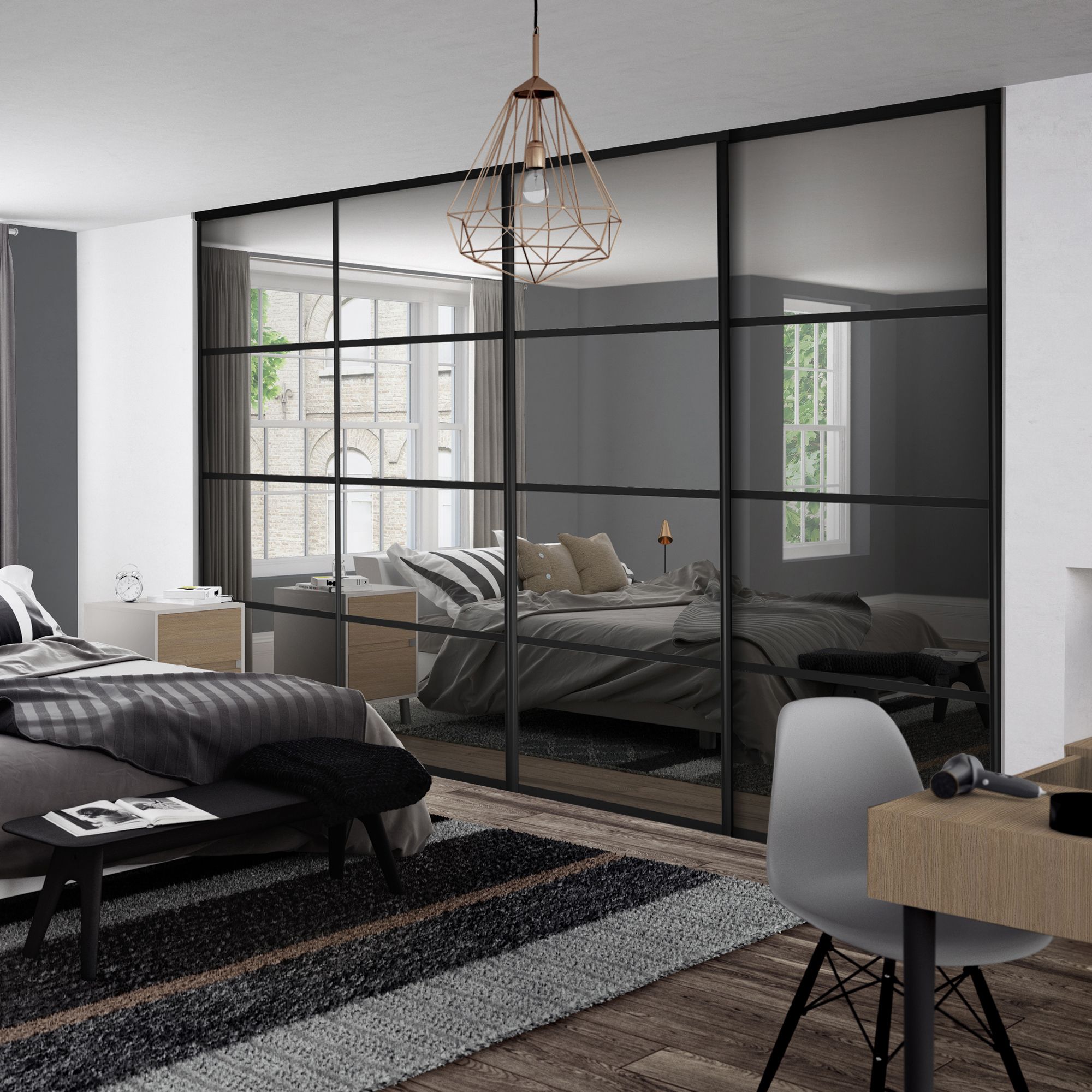 Spacepro Element Black frame 4 panel Mirrored Sliding wardrobe door, (H)2220mm (W) 914mm Set of 4