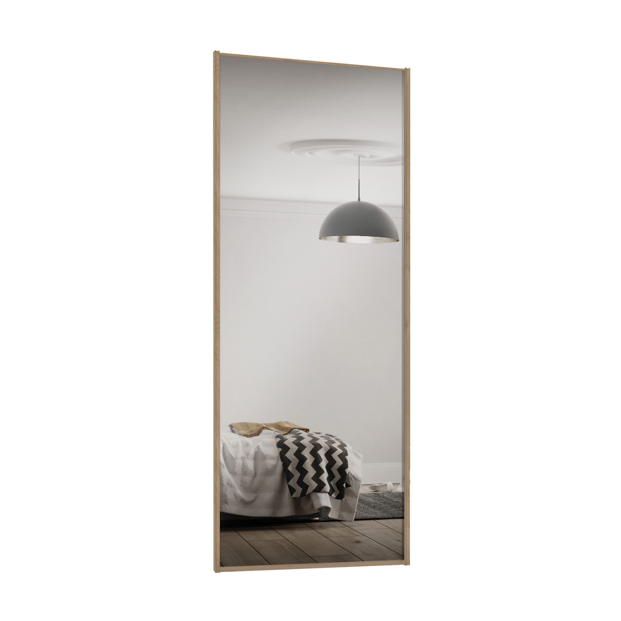 Spacepro Full panel Oak effect frame Single panel Mirrored Sliding wardrobe door, (H) 2220mm x (W) 914mm