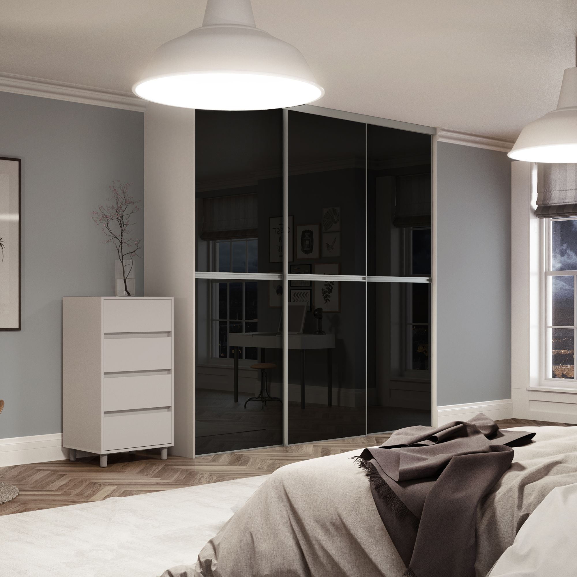 Spacepro Mirror Panelled Black 3 door Sliding Wardrobe Door kit (H)2260mm (W)2246mm