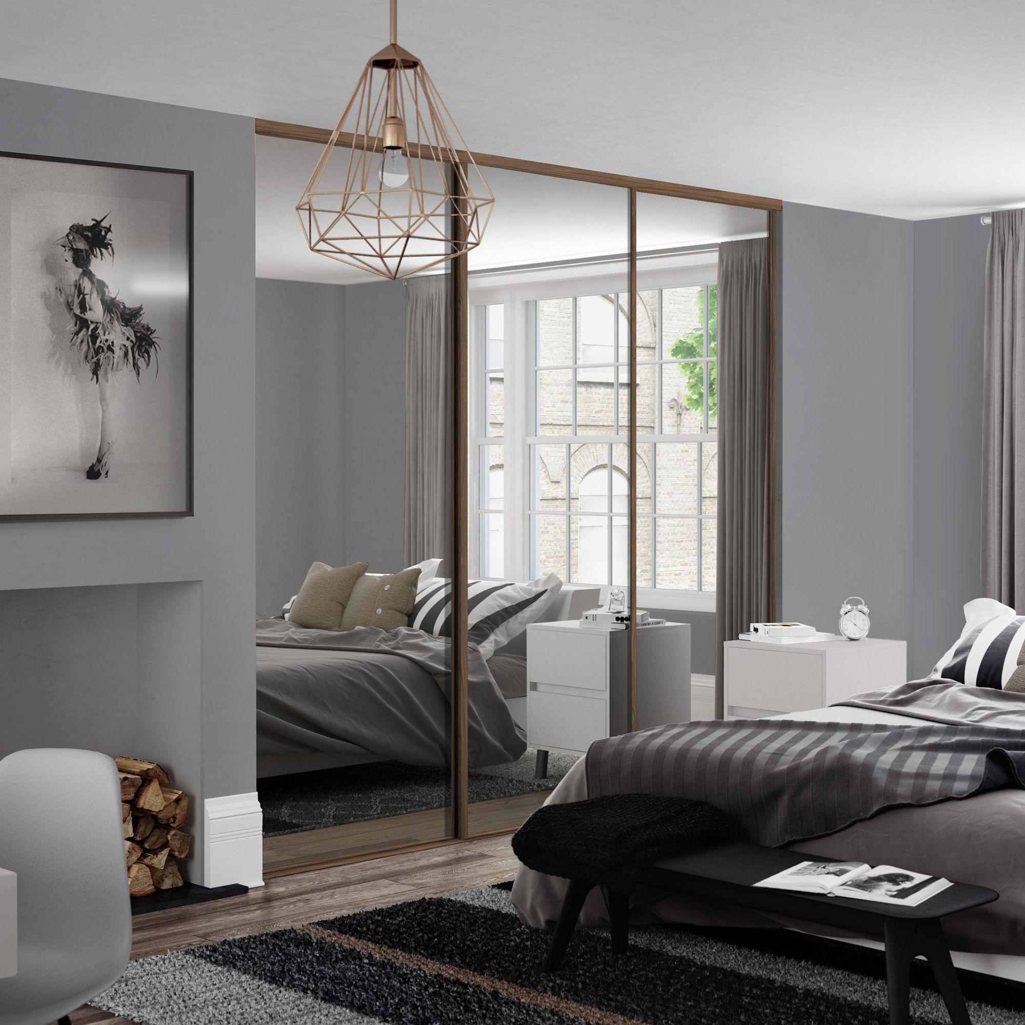 Spacepro Mirrored Classic Carini walnut effect frame Single panel Sliding wardrobe door, (H)2220mm (W) 610mm Set of 3