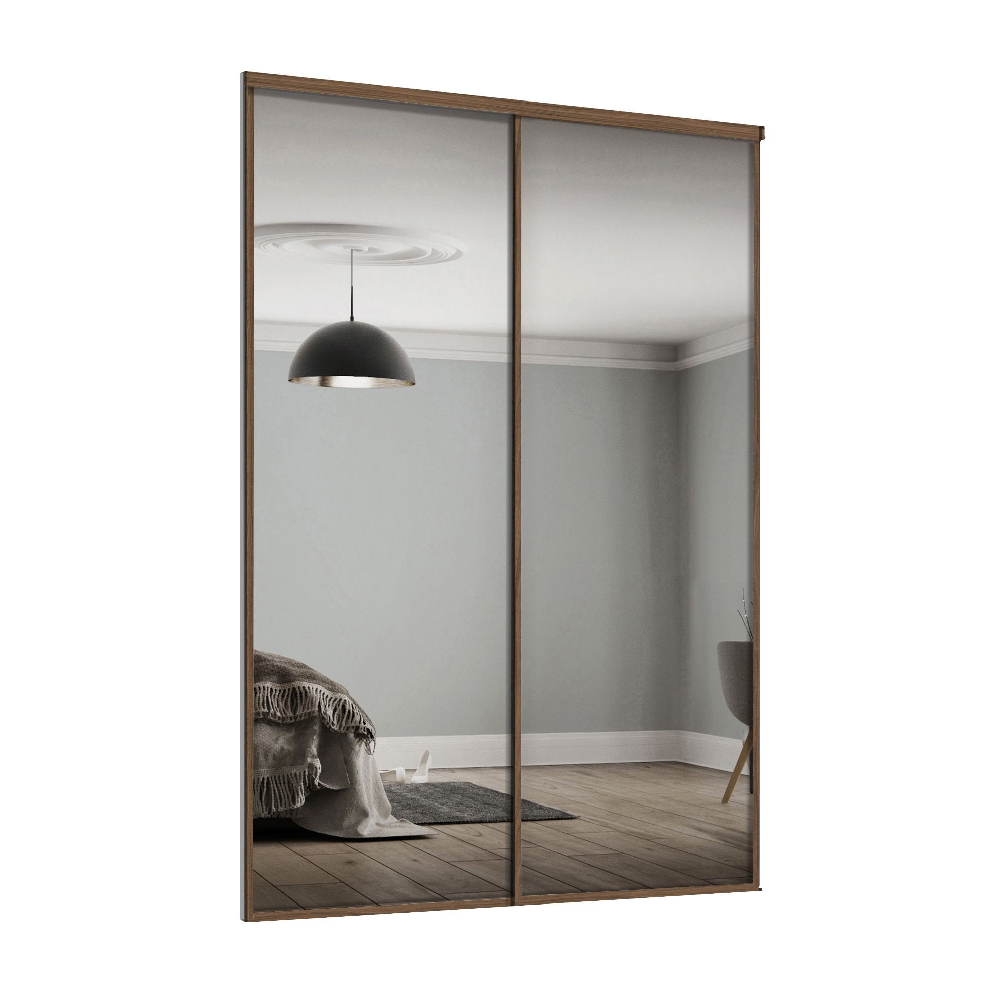 Spacepro Mirrored Classic Carini walnut effect frame Single panel Sliding wardrobe door, (H)2220mm (W) 762mm Set of 2