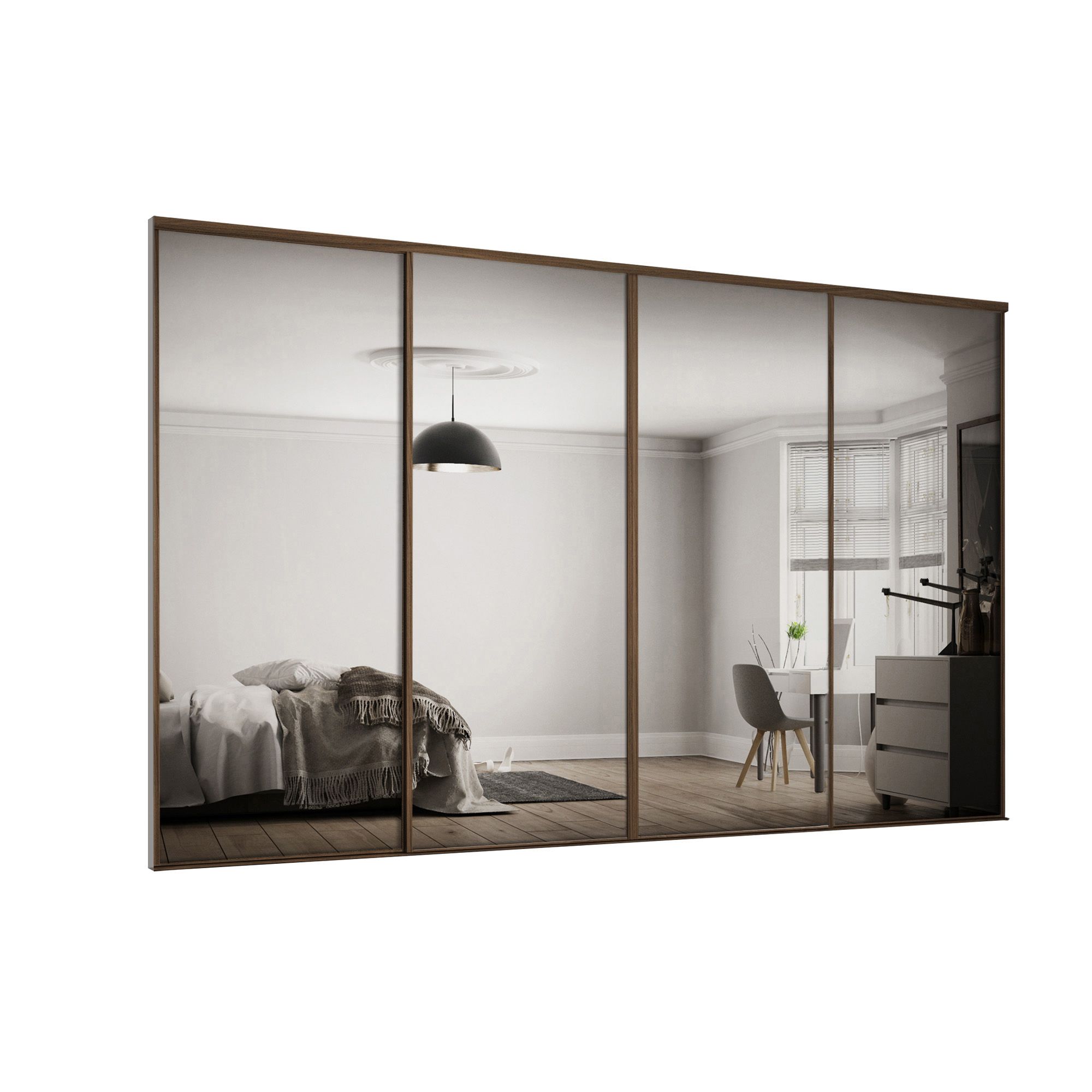 Spacepro Mirrored Classic Carini walnut effect frame Single panel Sliding wardrobe door, (H)2220mm (W) 762mm Set of 4