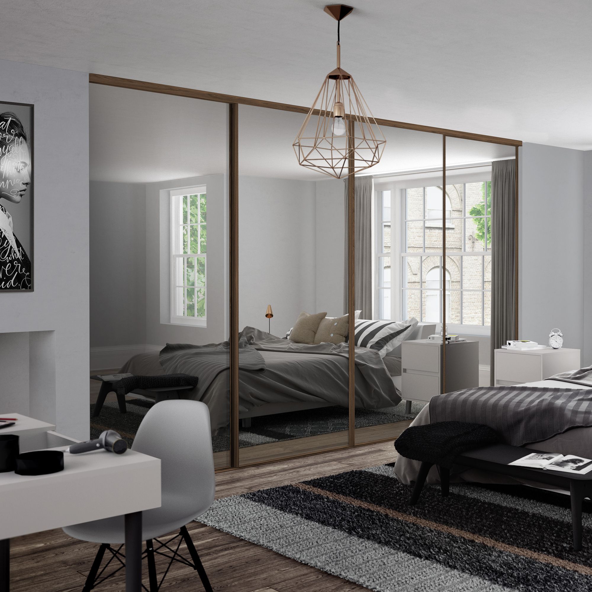 Spacepro Mirrored Classic Carini walnut effect frame Single panel Sliding wardrobe door, (H)2220mm (W) 762mm Set of 4