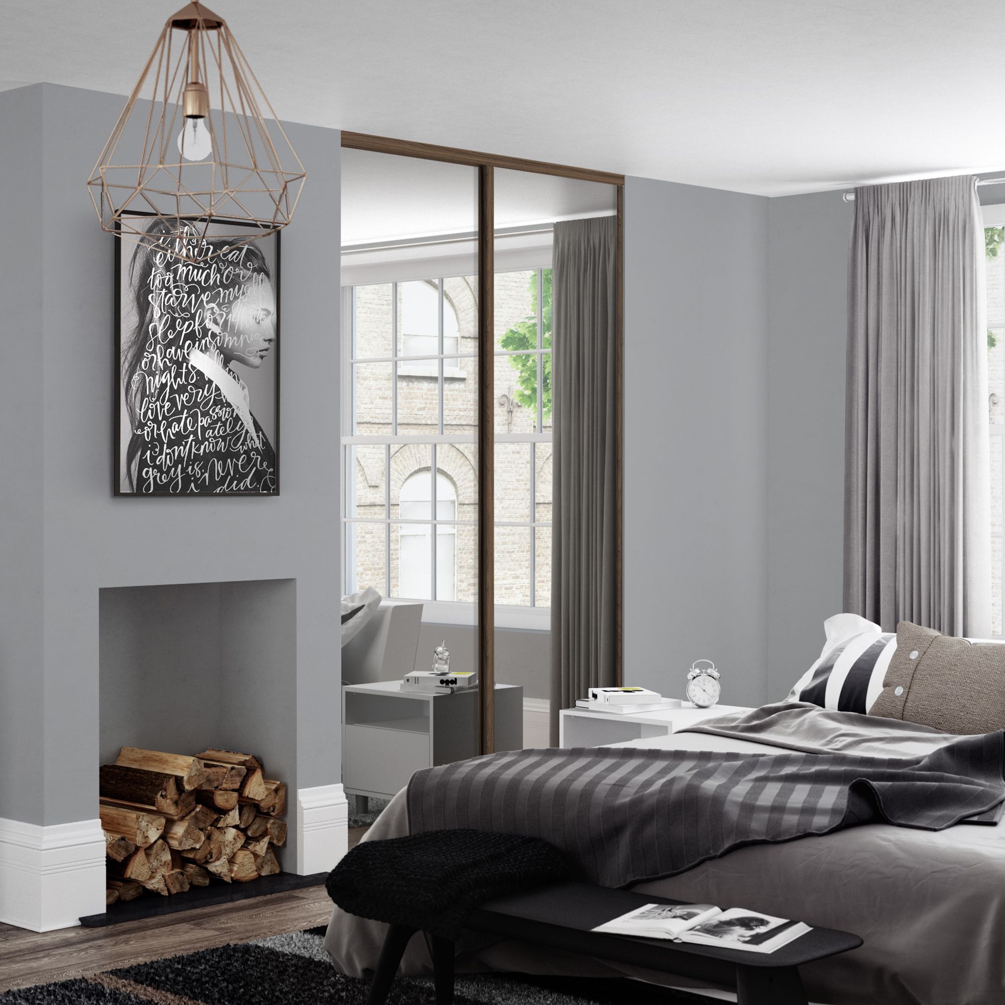 Spacepro Mirrored Classic Carini walnut effect frame Single panel Sliding wardrobe door, (H)2220mm (W) 914mm Set of 2