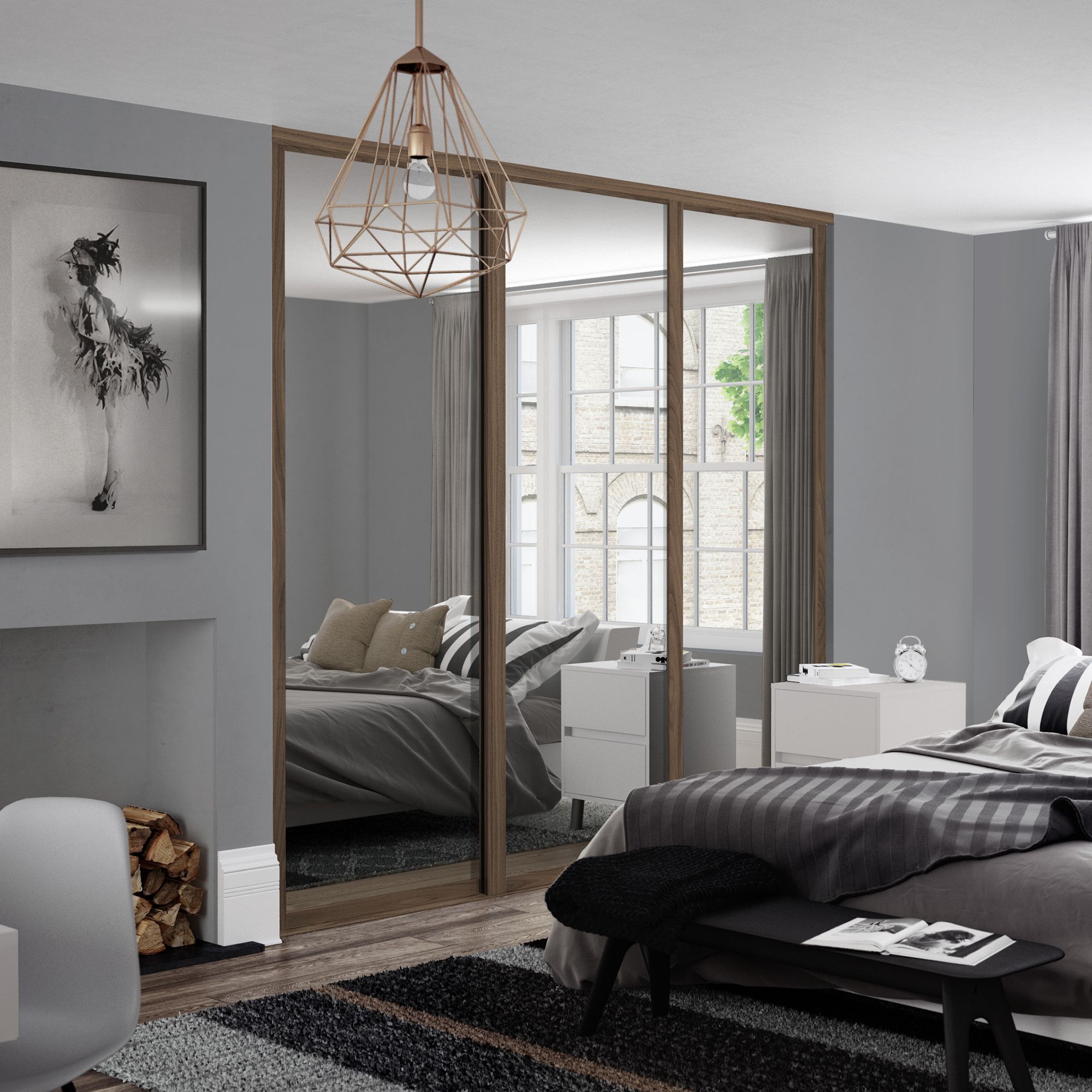 Spacepro Mirrored Classic Carini walnut effect frame Single panel Sliding wardrobe door, (H)2220mm (W) 914mm