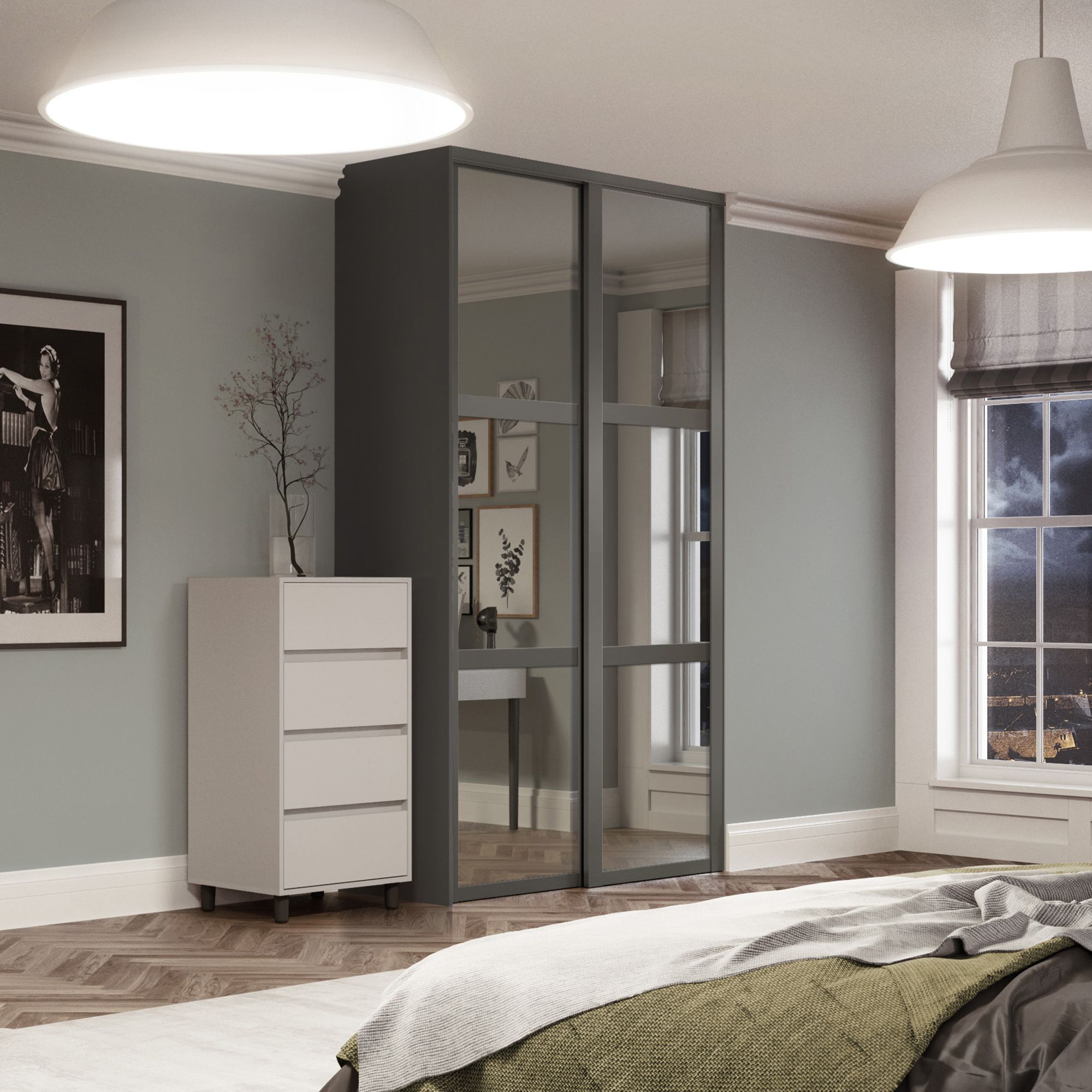 Spacepro Panel Shaker Mirrored Graphite 2 door Sliding Wardrobe Door kit (H)2260mm (W)1753mm