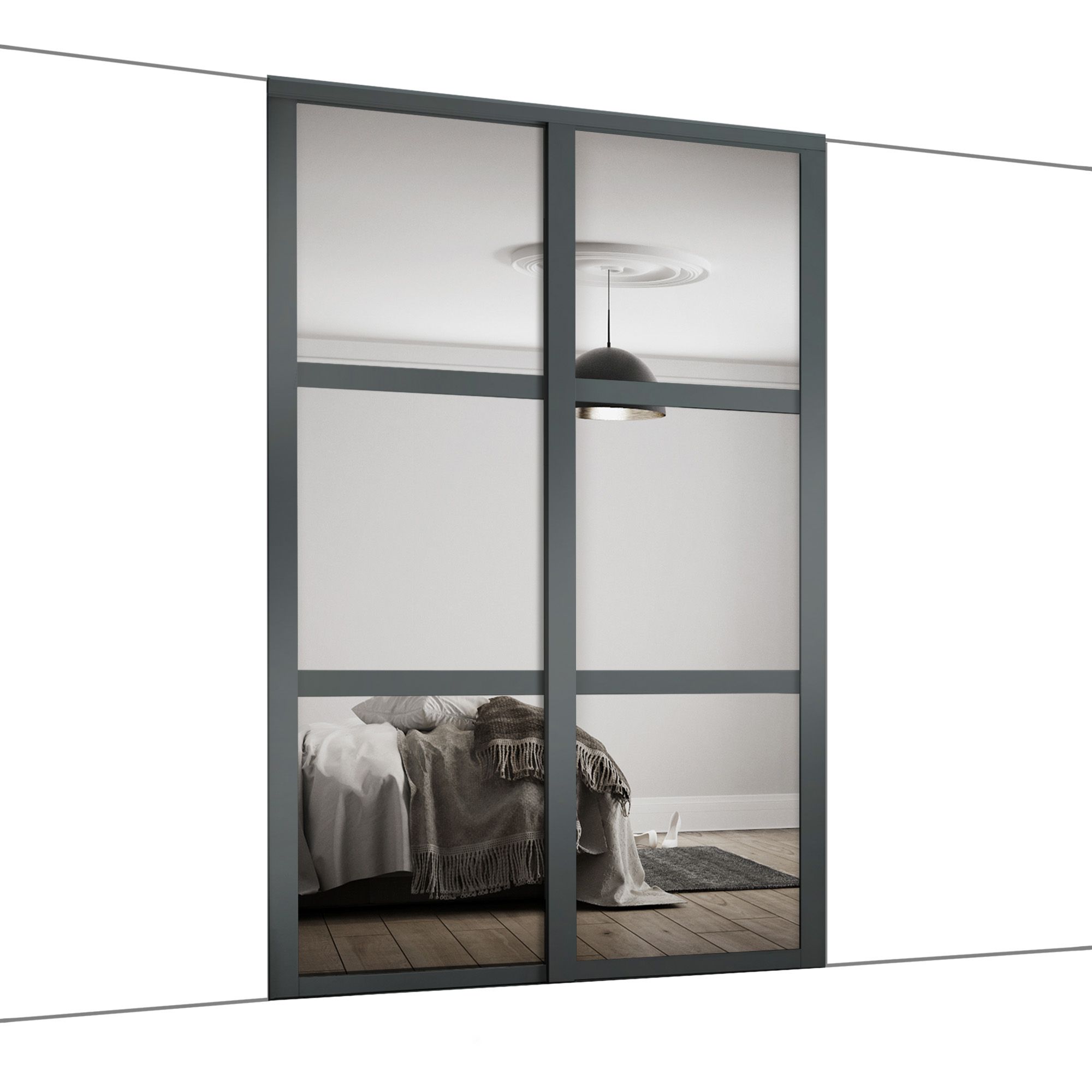 Spacepro Panel Shaker Mirrored Graphite 2 door Sliding Wardrobe Door kit (H)2260mm (W)1753mm