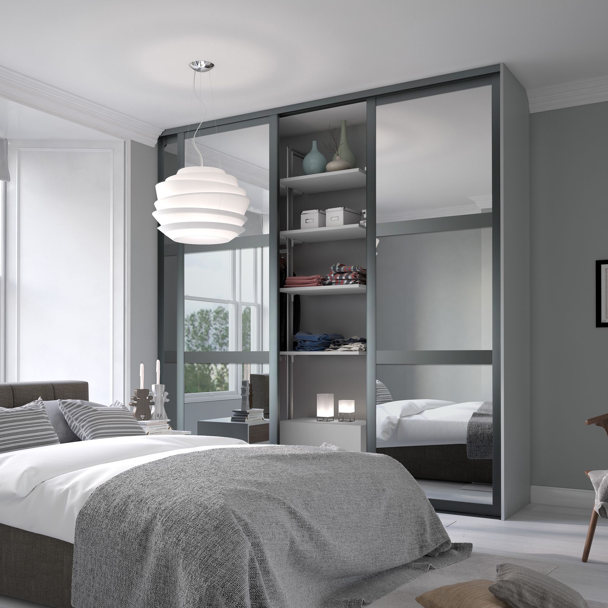 Spacepro Panel Shaker Mirrored Graphite 3 door Sliding Wardrobe Door kit (H)2260mm (W)1680mm