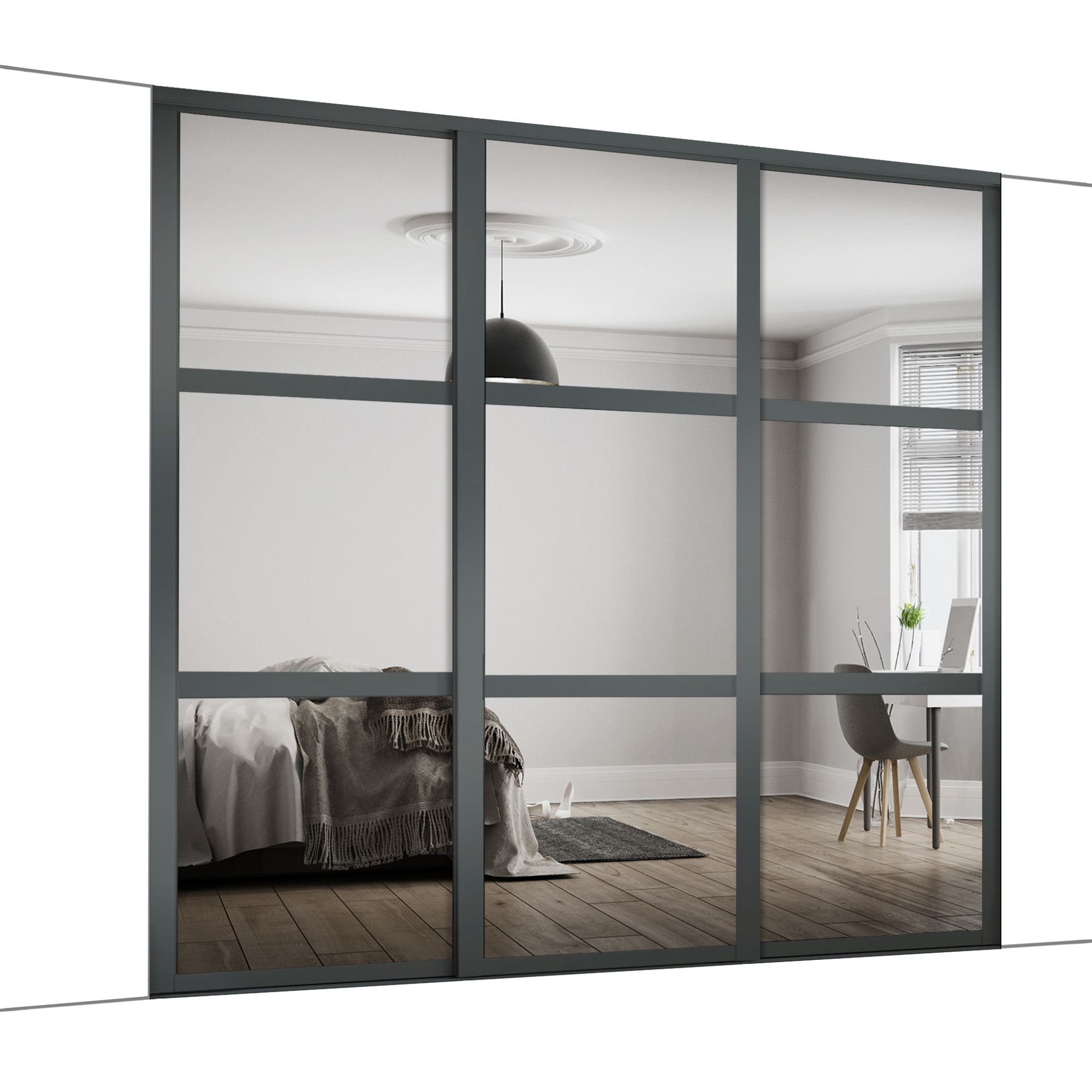 Spacepro Panel Shaker Mirrored Graphite 3 door Sliding Wardrobe Door kit (H)2260mm (W)1680mm