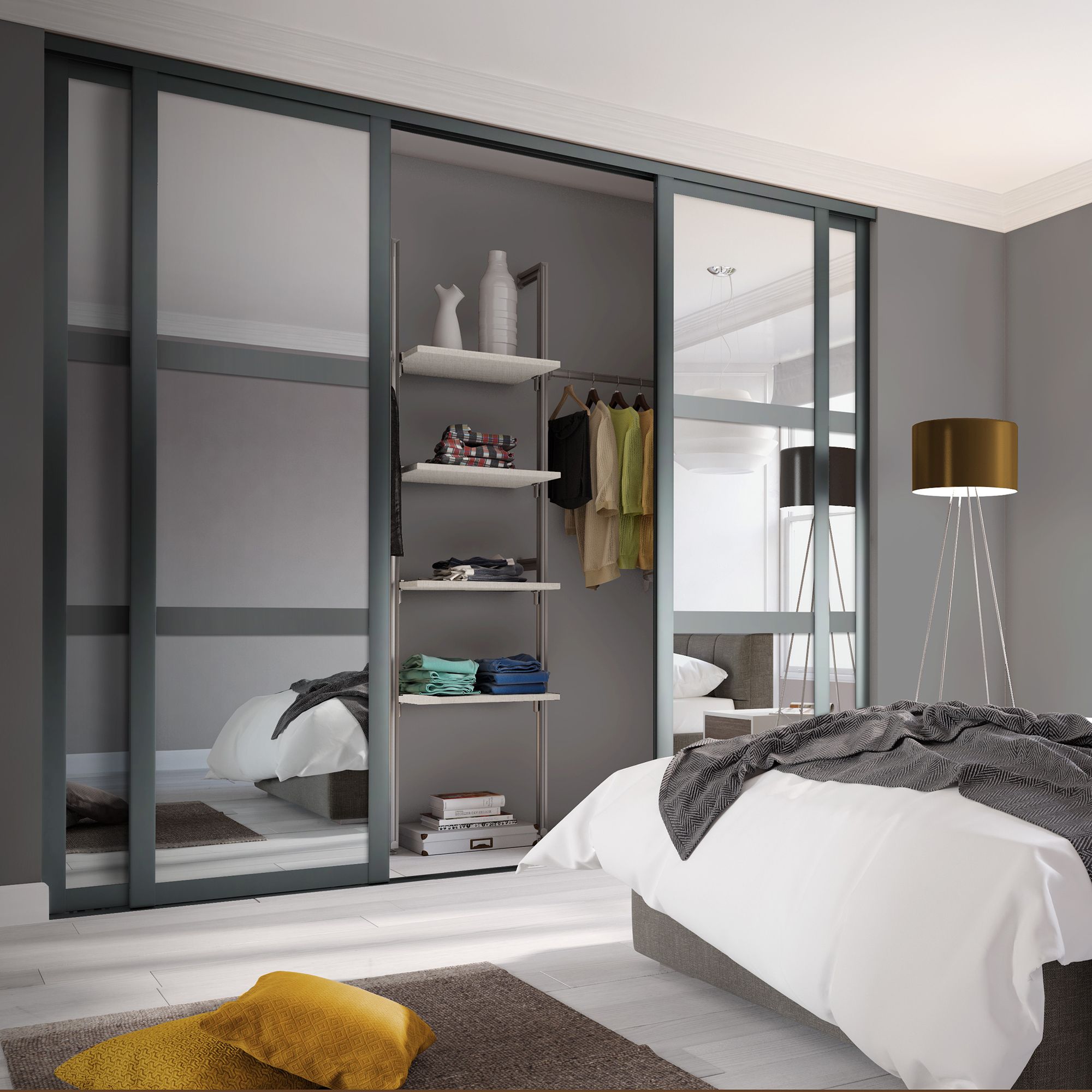 Spacepro Panel Shaker Mirrored Graphite 4 door Sliding Wardrobe Door kit (H)2260mm (W)2898mm