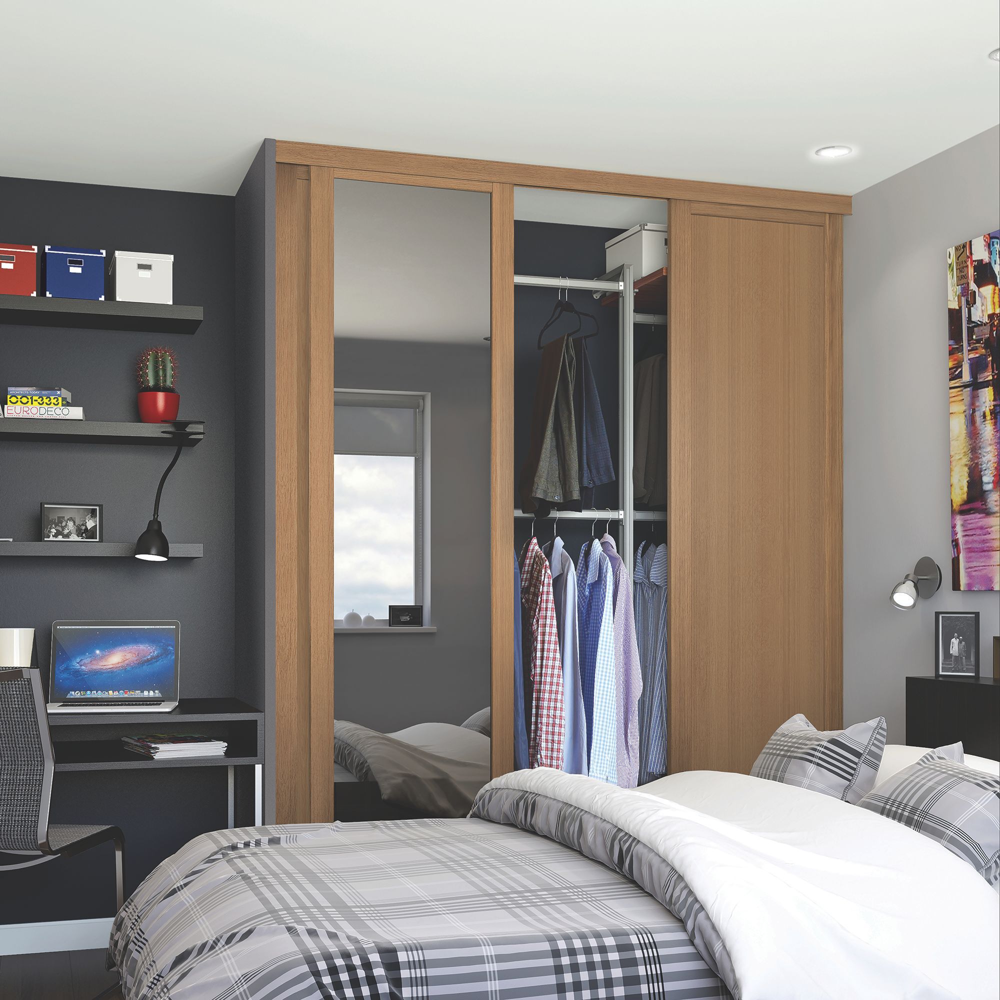 Spacepro Panel Shaker Mirrored Oak effect 3 door Sliding Wardrobe Door kit (H)2260mm (W)1680mm