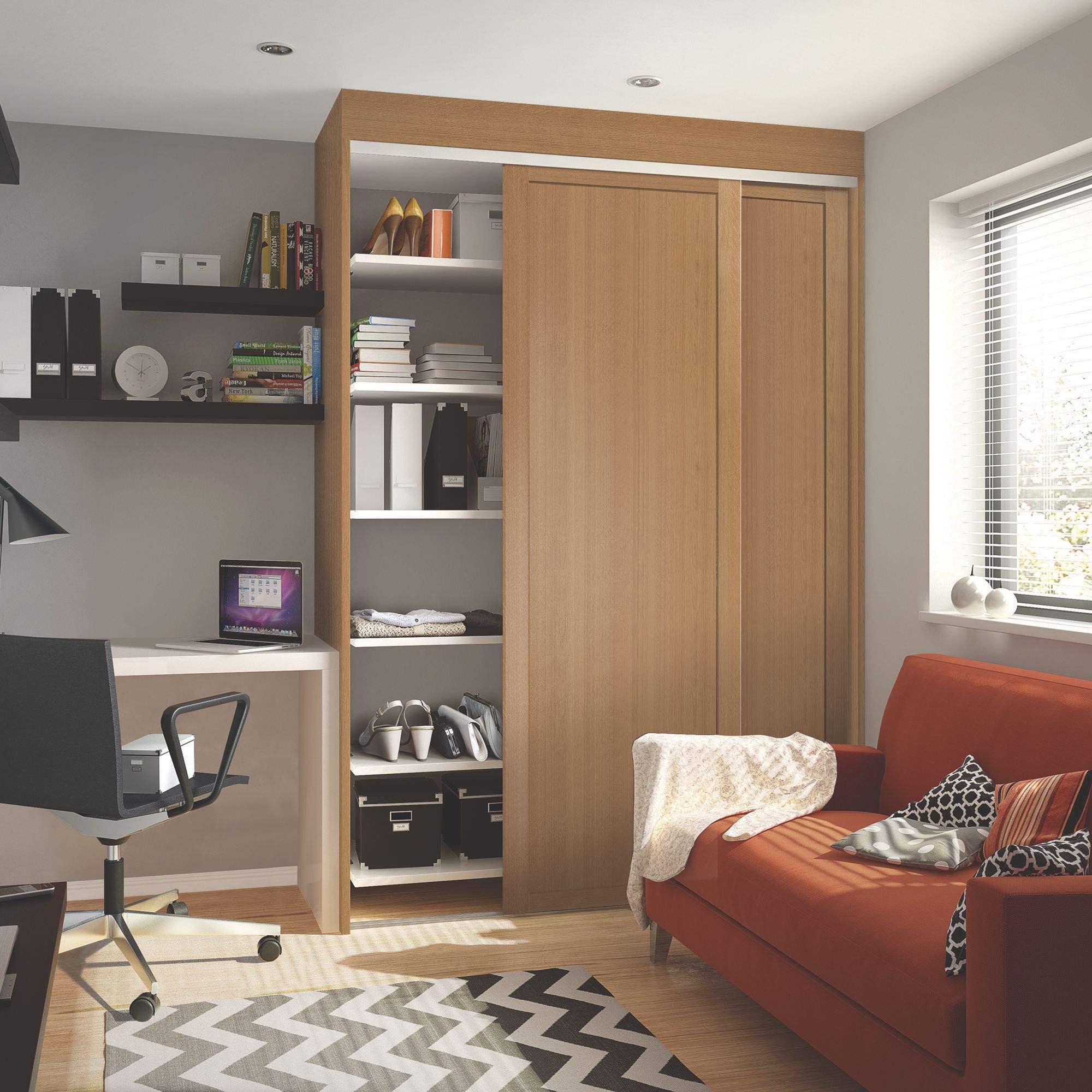 Spacepro Panel Shaker Oak effect 2 door Sliding Wardrobe Door kit (H)2260mm (W)762mm