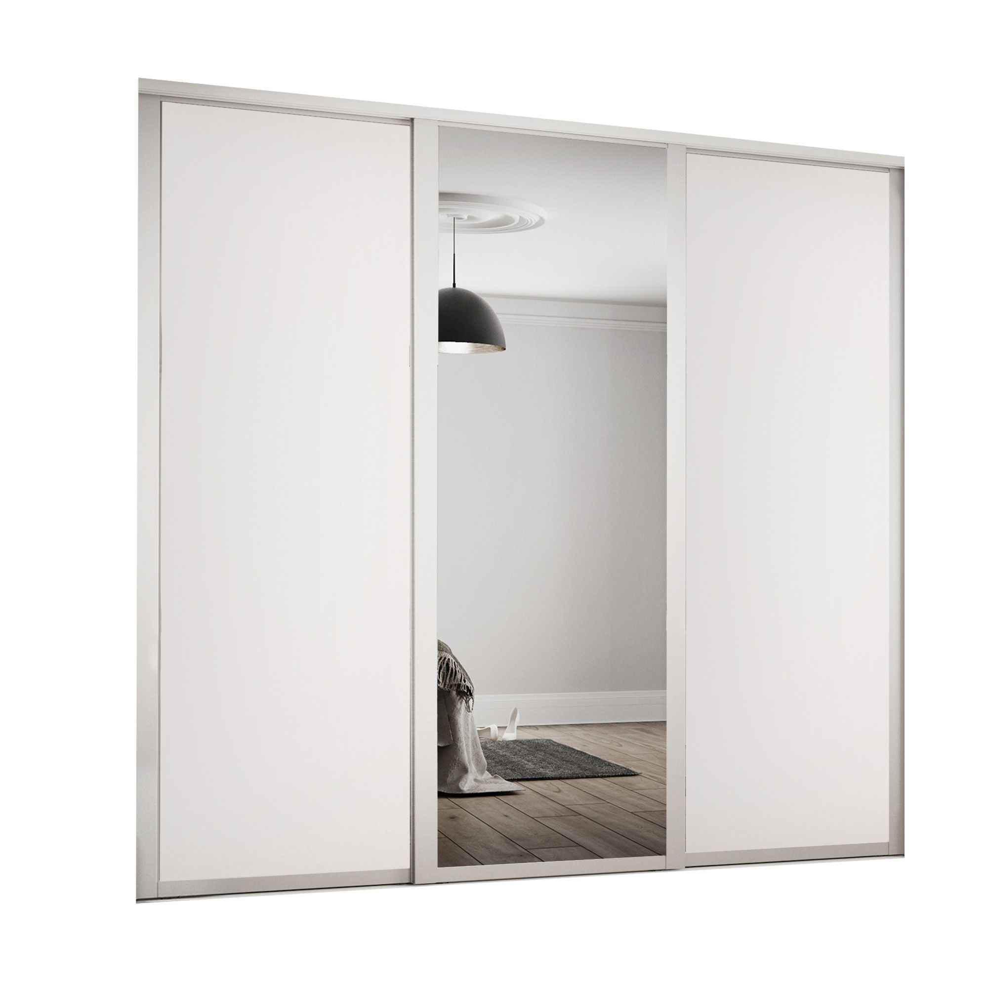 Spacepro Panel Shaker With 1 mirror door Mirror 3 door Sliding Wardrobe Door kit (H)2260mm (W)2592mm