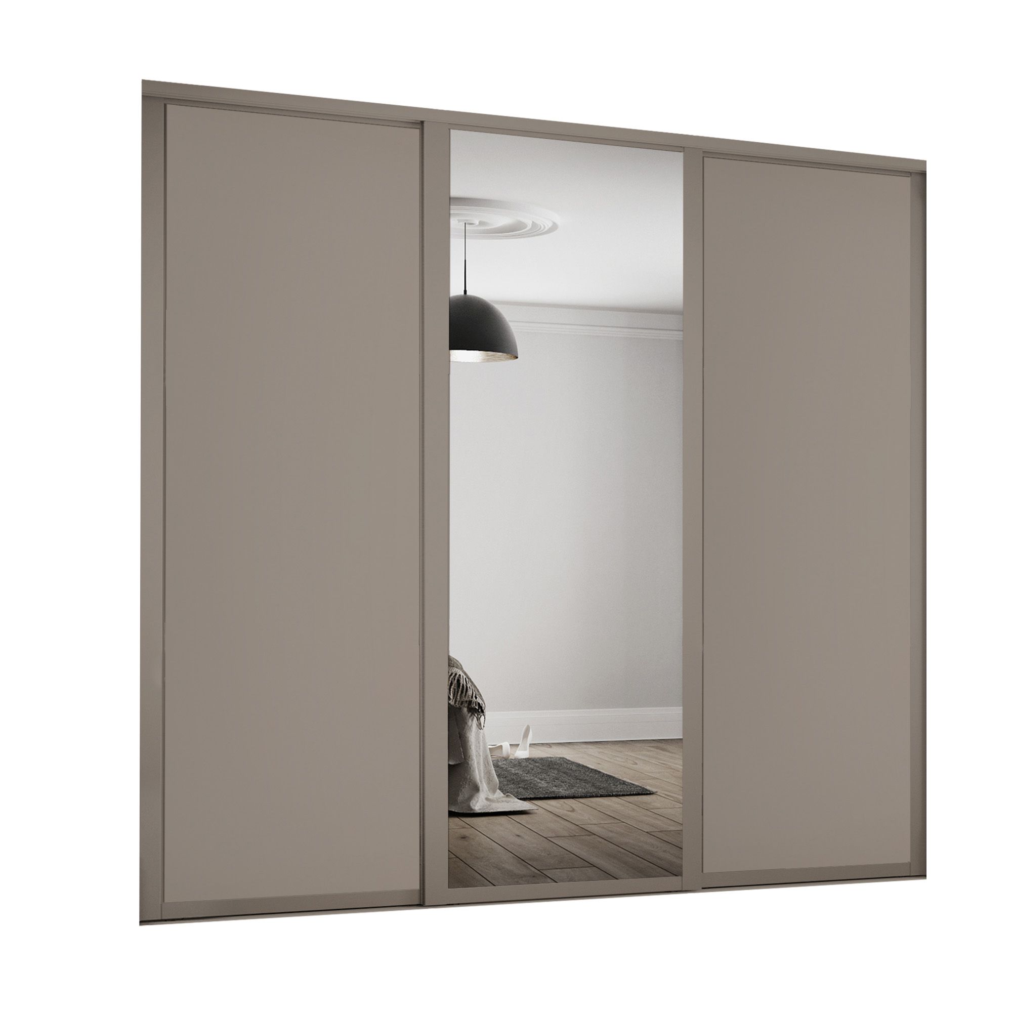 Spacepro Panel Shaker With 1 mirror door Stone grey 3 door Sliding Wardrobe Door kit (H)2260mm (W)1680mm