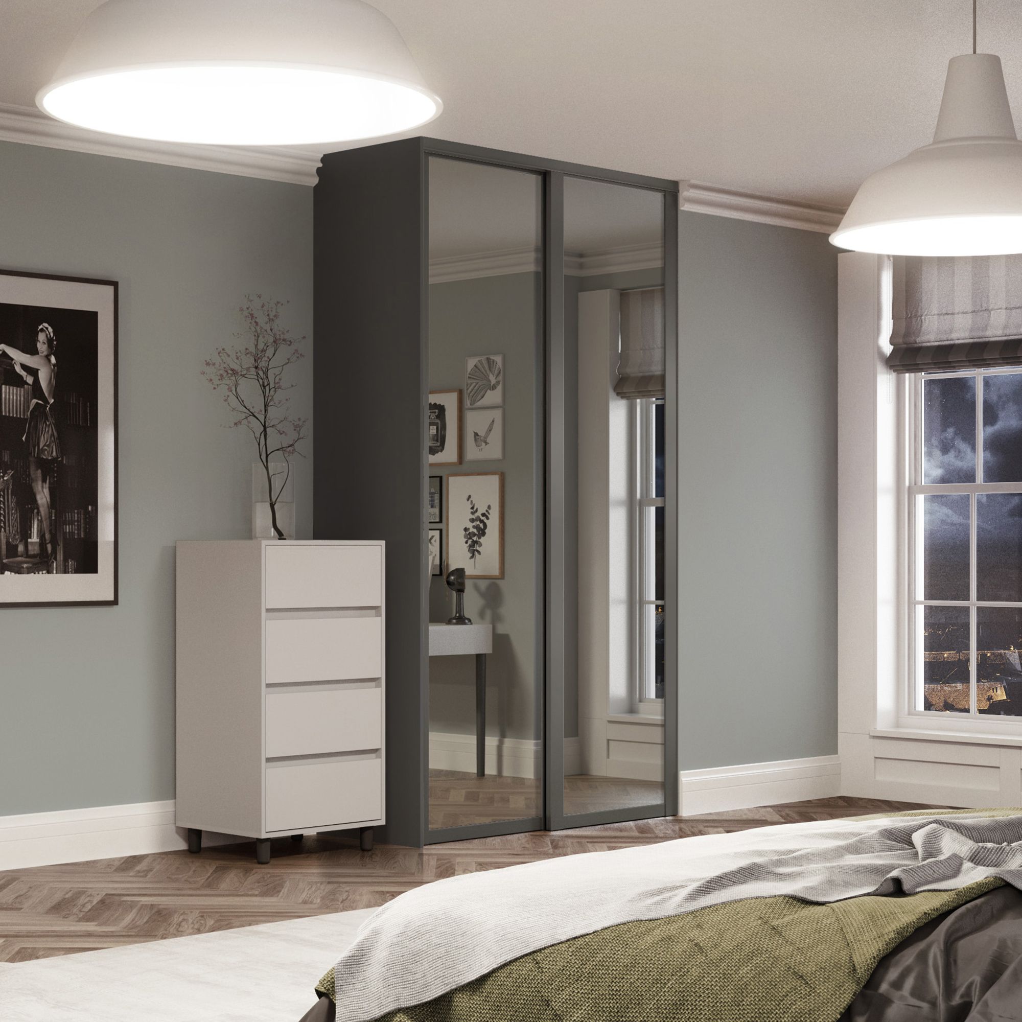 Spacepro Shaker Contemporary Shaker Mirrored Gloss graphite 2 door Sliding Wardrobe Door kit (H)2220mm (W)1753mm