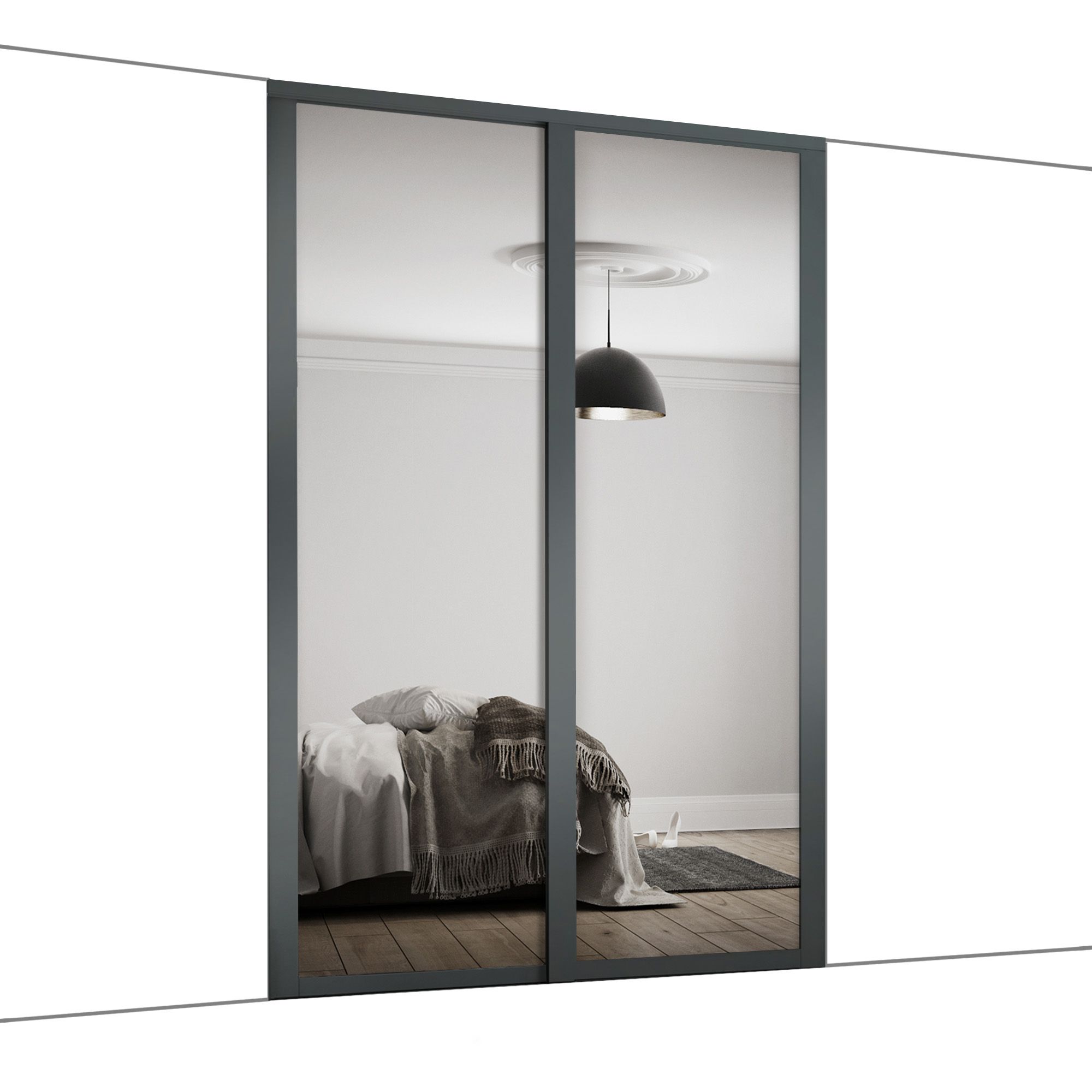 Spacepro Shaker Contemporary Shaker Mirrored Gloss graphite 2 door Sliding Wardrobe Door kit (H)2220mm (W)1753mm