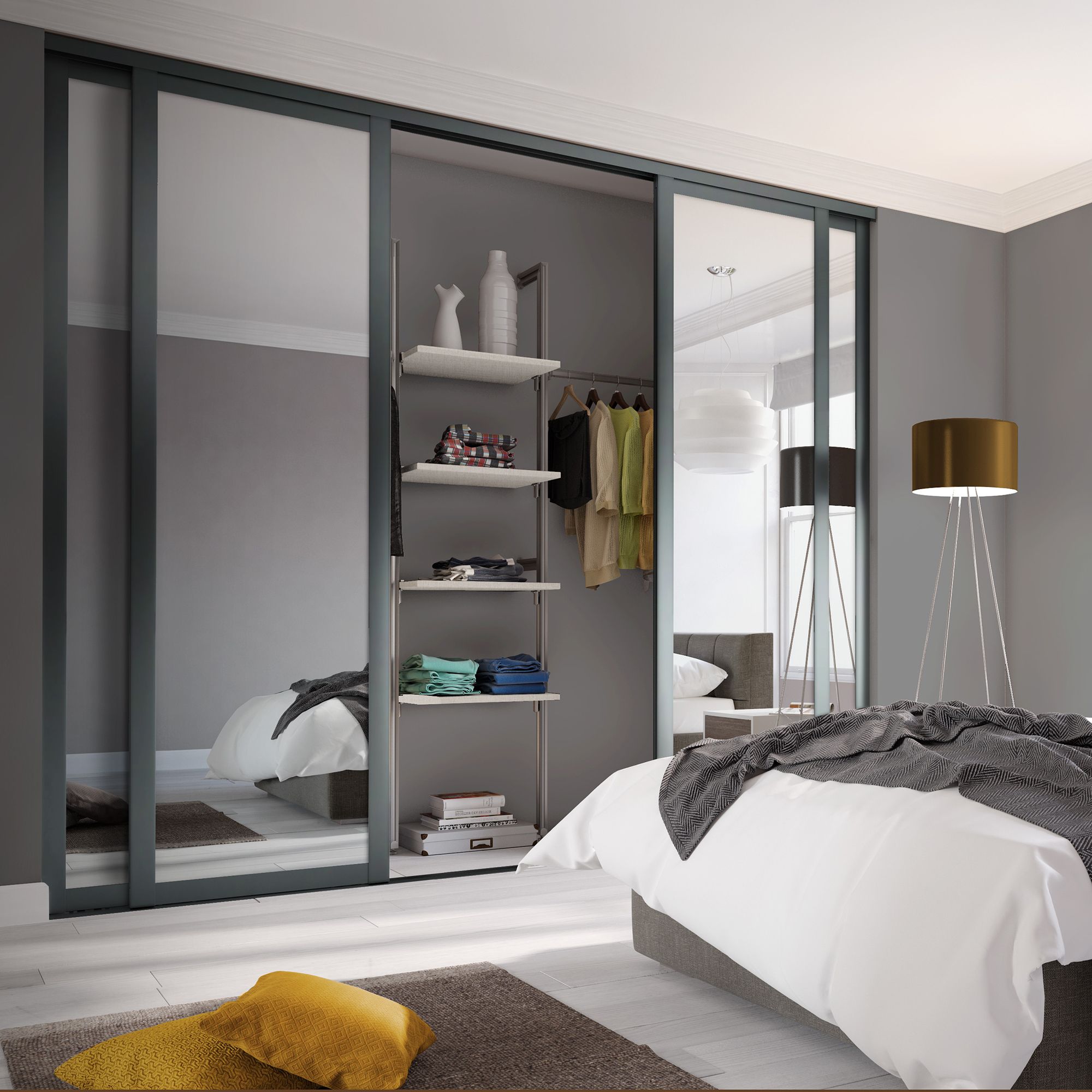 Spacepro Shaker Contemporary Shaker Mirrored Gloss graphite 4 door Sliding Wardrobe Door kit (H)2220mm (W)3506mm