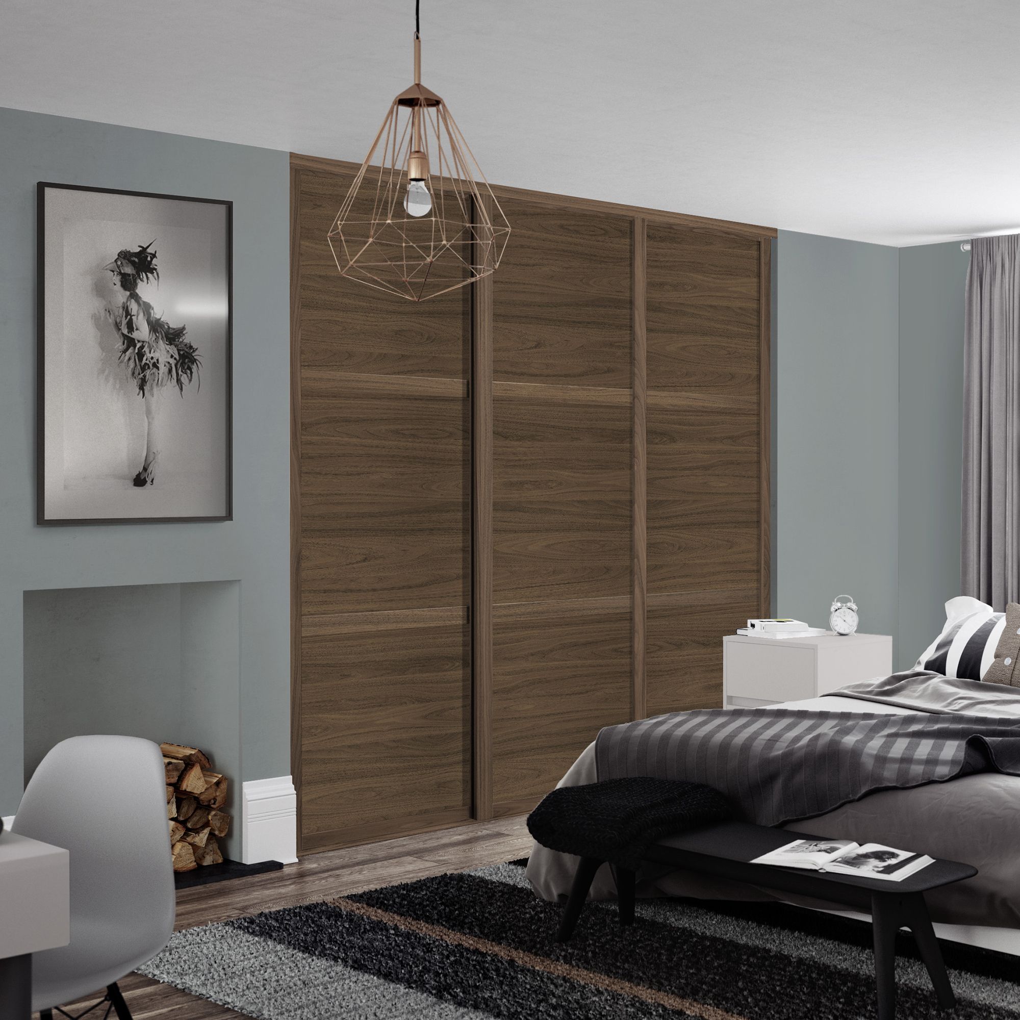 Spacepro Shaker Matt Carini walnut effect frame 3 panel Sliding wardrobe door, (H)2220mm (W) 914mm