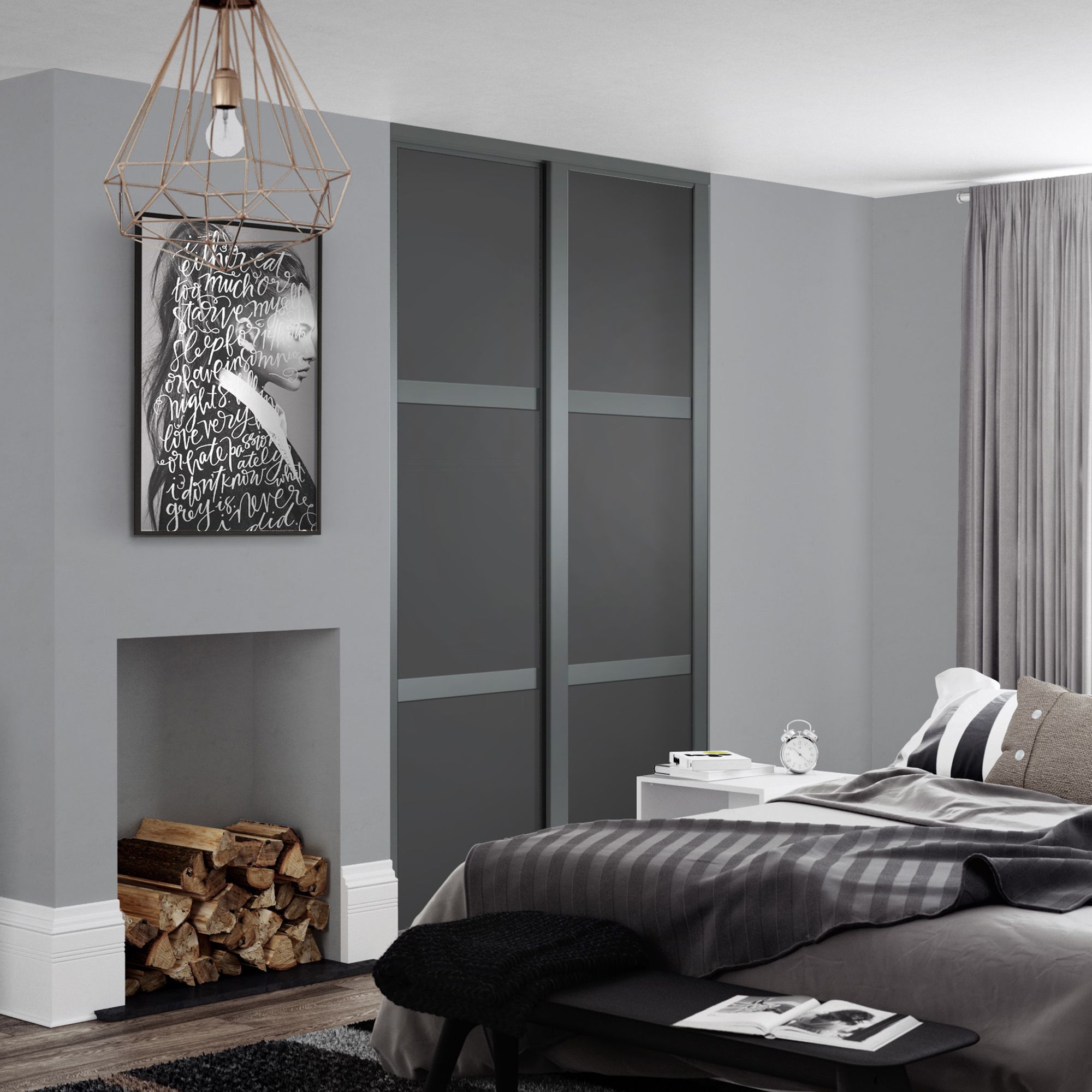Spacepro Shaker Matt Graphite frame 3 panel Sliding wardrobe door, (H)2220mm (W) 610mm