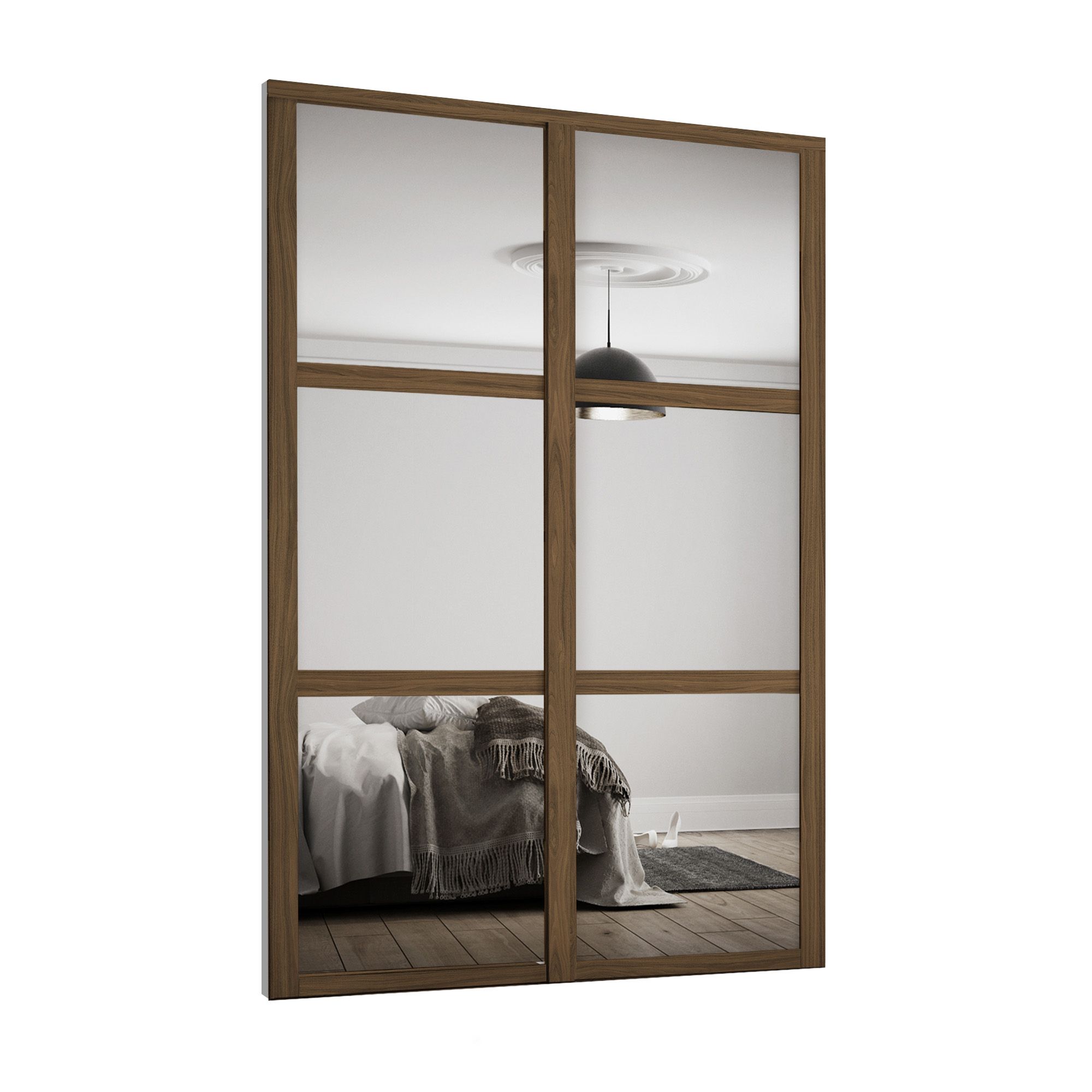 Spacepro Shaker Mirrored Carini walnut effect frame 3 panel Sliding wardrobe door, (H)2220mm (W) 610mm Set of 2