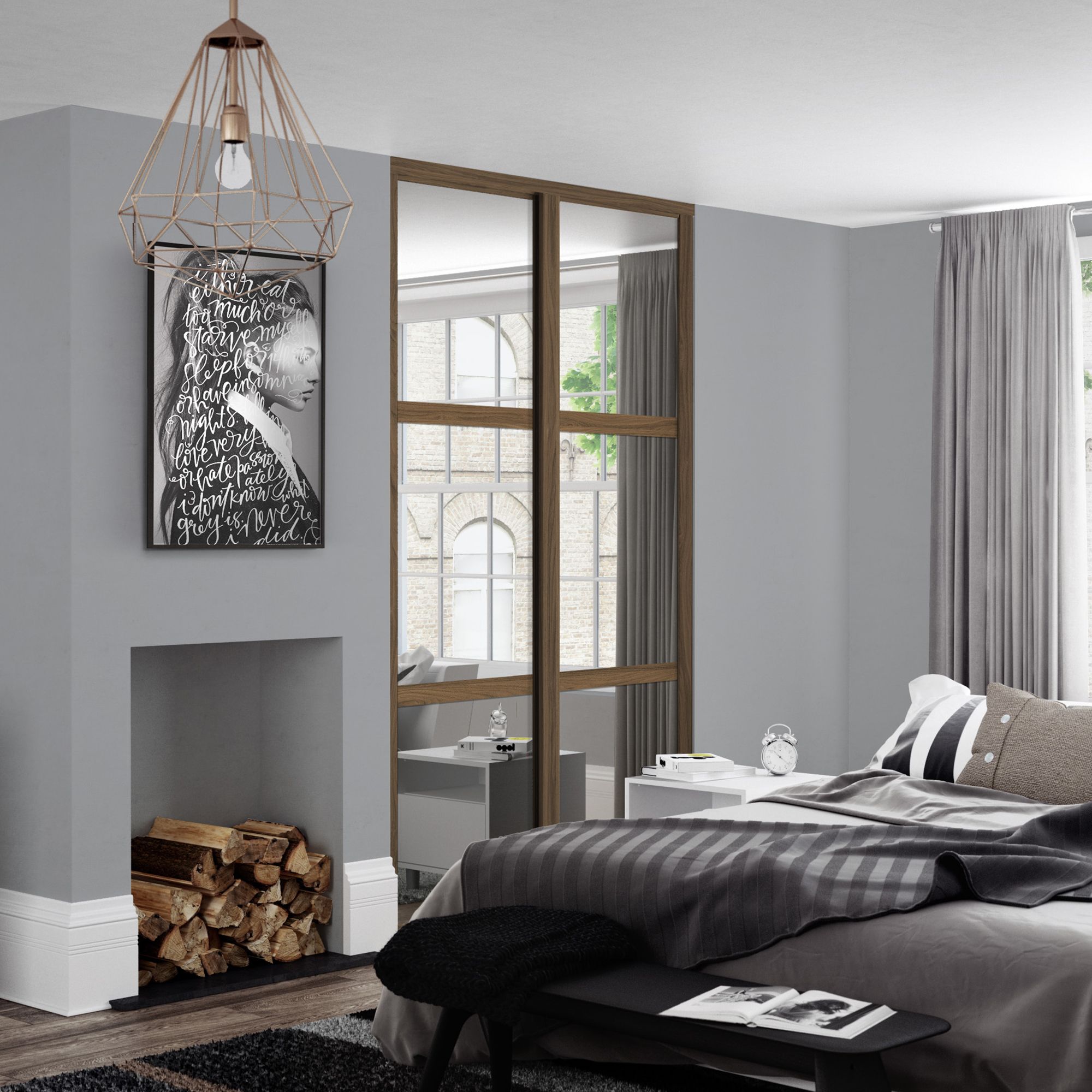 Spacepro Shaker Mirrored Carini walnut effect frame 3 panel Sliding wardrobe door, (H)2220mm (W) 610mm Set of 2