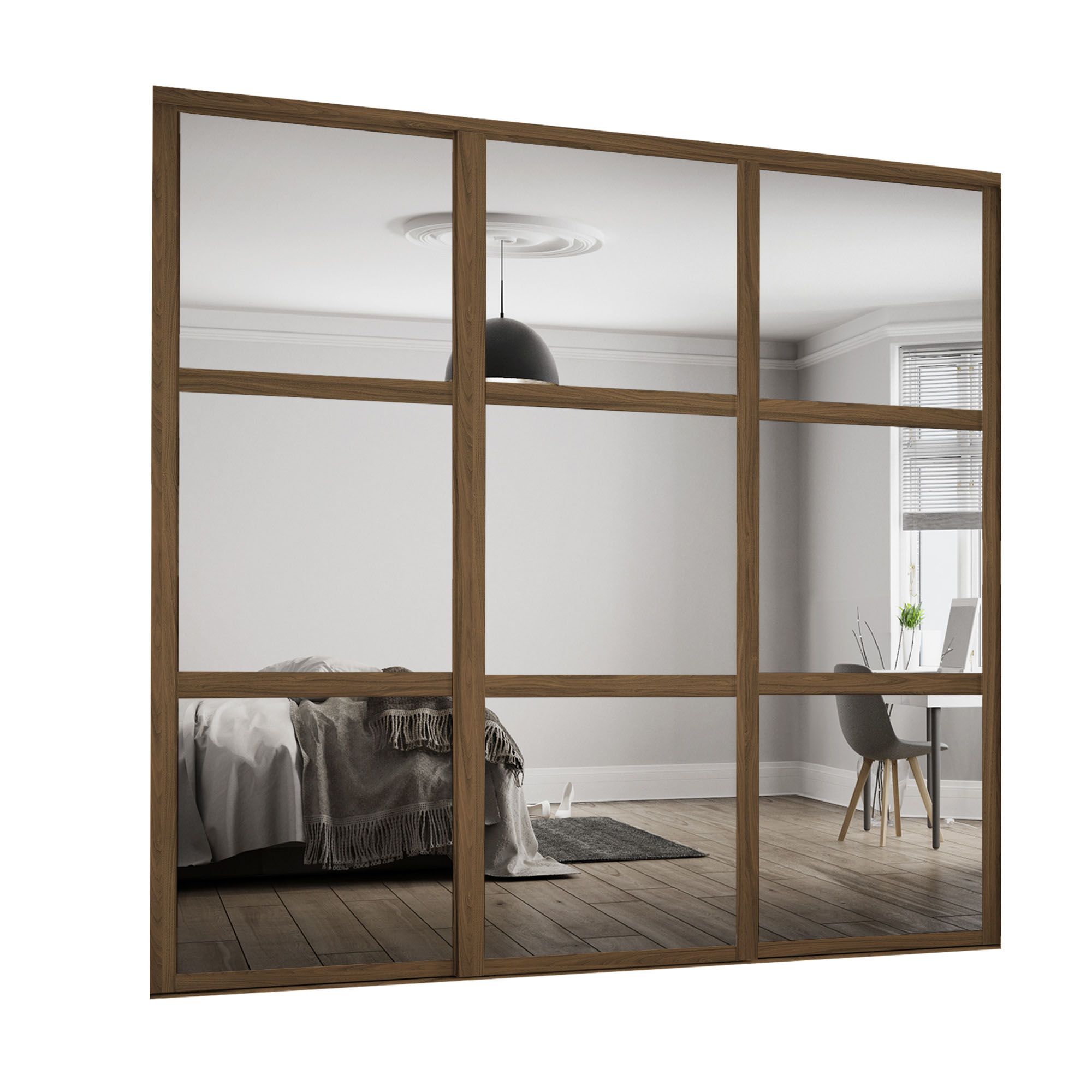 Spacepro Shaker Mirrored Carini walnut effect frame 3 panel Sliding wardrobe door, (H)2220mm (W) 610mm Set of 3