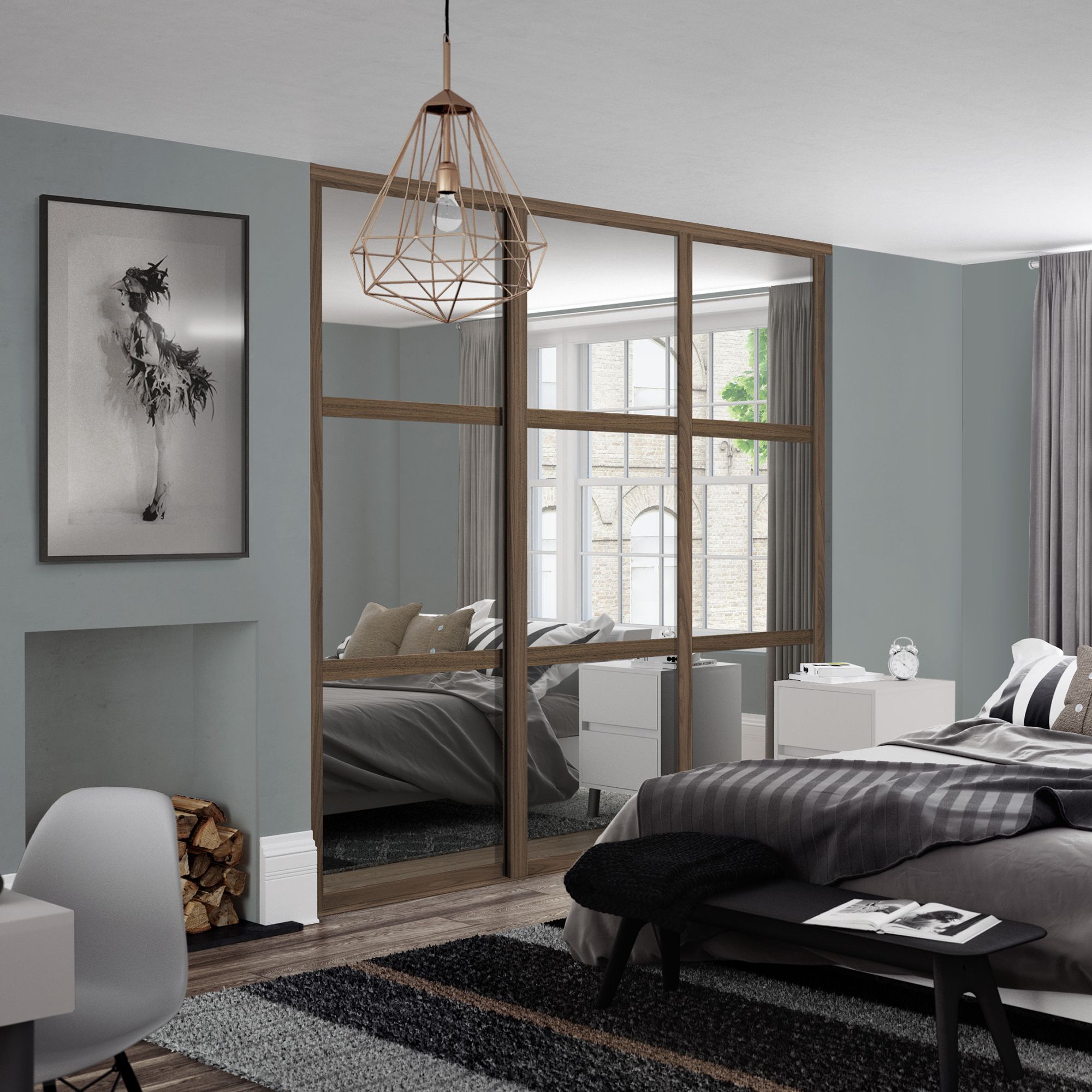 Spacepro Shaker Mirrored Carini walnut effect frame 3 panel Sliding wardrobe door, (H)2220mm (W) 610mm Set of 3