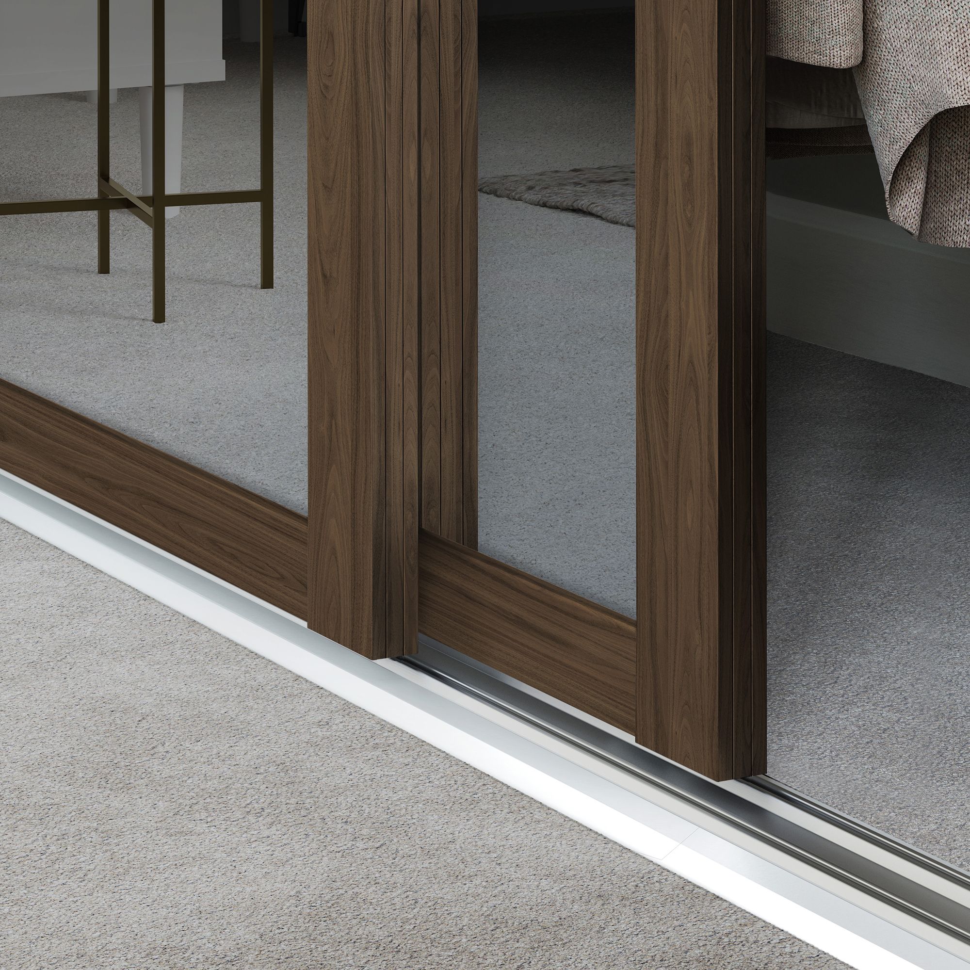 Spacepro Shaker Mirrored Carini walnut effect frame 3 panel Sliding wardrobe door, (H)2220mm (W) 610mm Set of 3