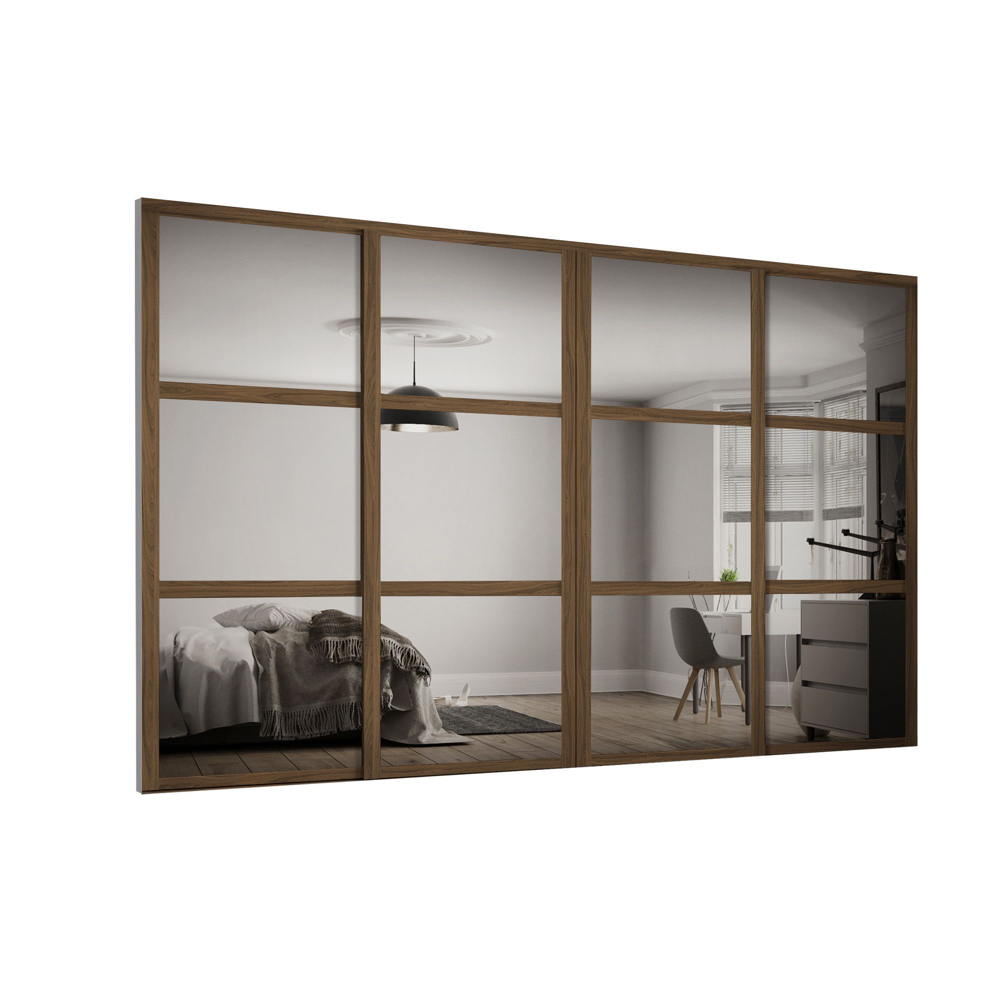 Spacepro Shaker Mirrored Carini walnut effect frame 3 panel Sliding wardrobe door, (H)2220mm (W) 762mm Set of 4
