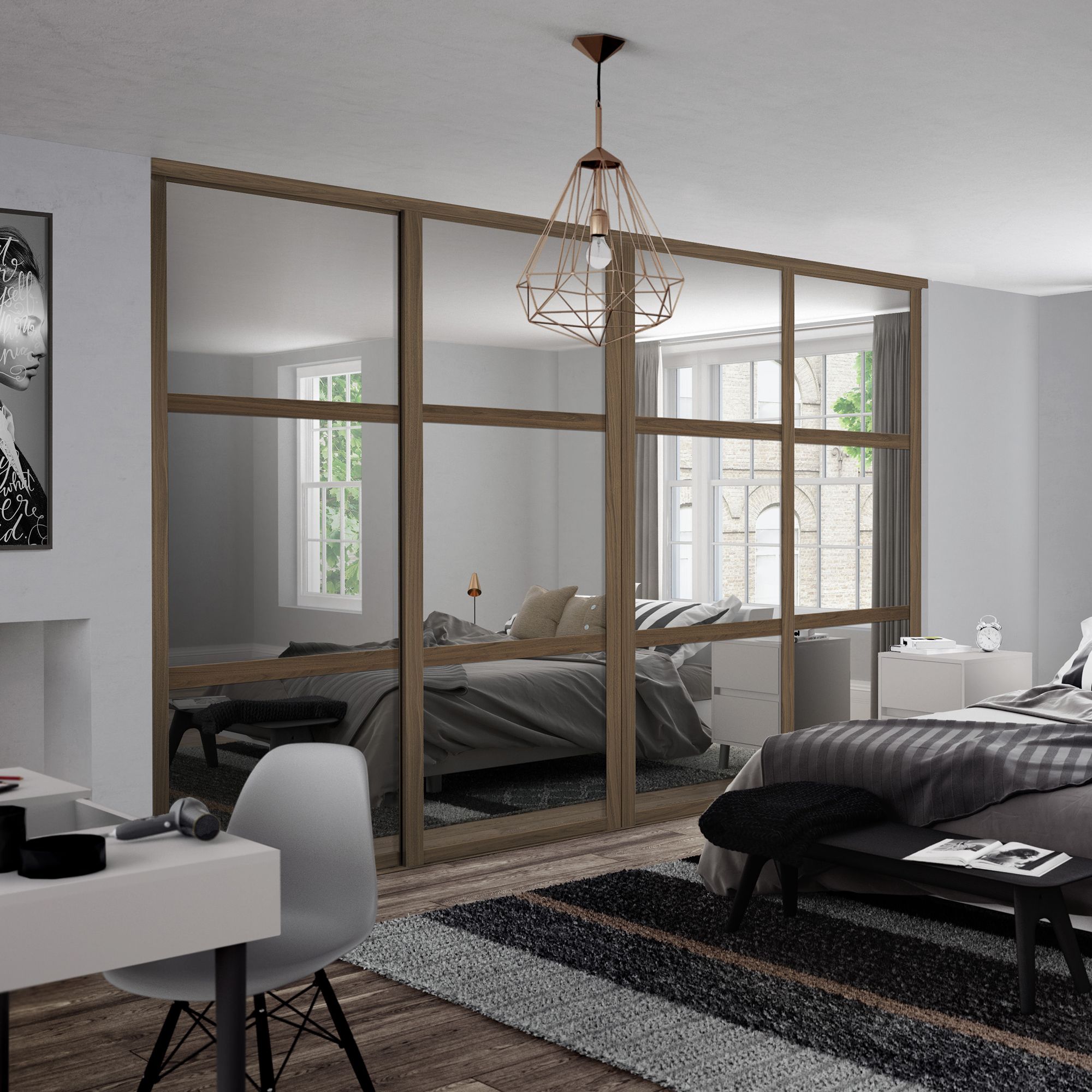 Spacepro Shaker Mirrored Carini walnut effect frame 3 panel Sliding wardrobe door, (H)2220mm (W) 762mm Set of 4