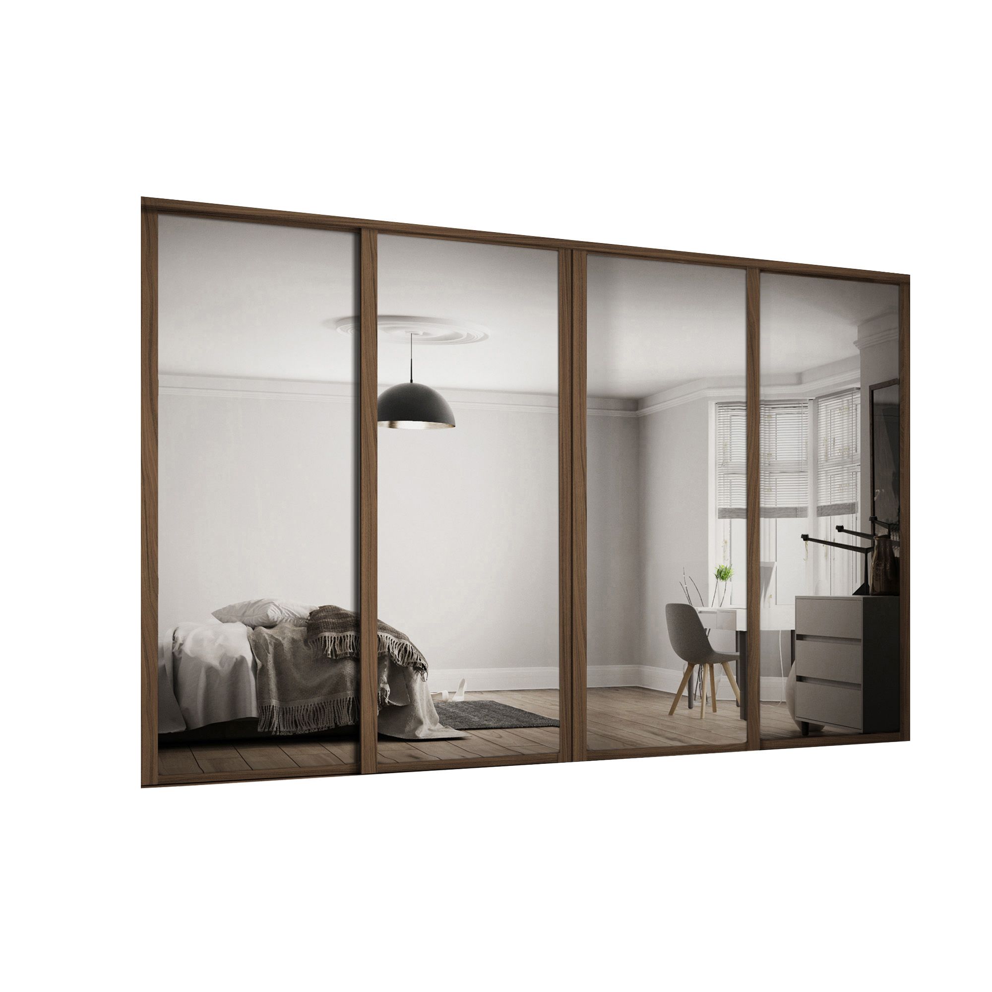Spacepro Shaker Mirrored Carini walnut effect frame Single panel Sliding wardrobe door, (H)2220mm (W) 762mm Set of 4