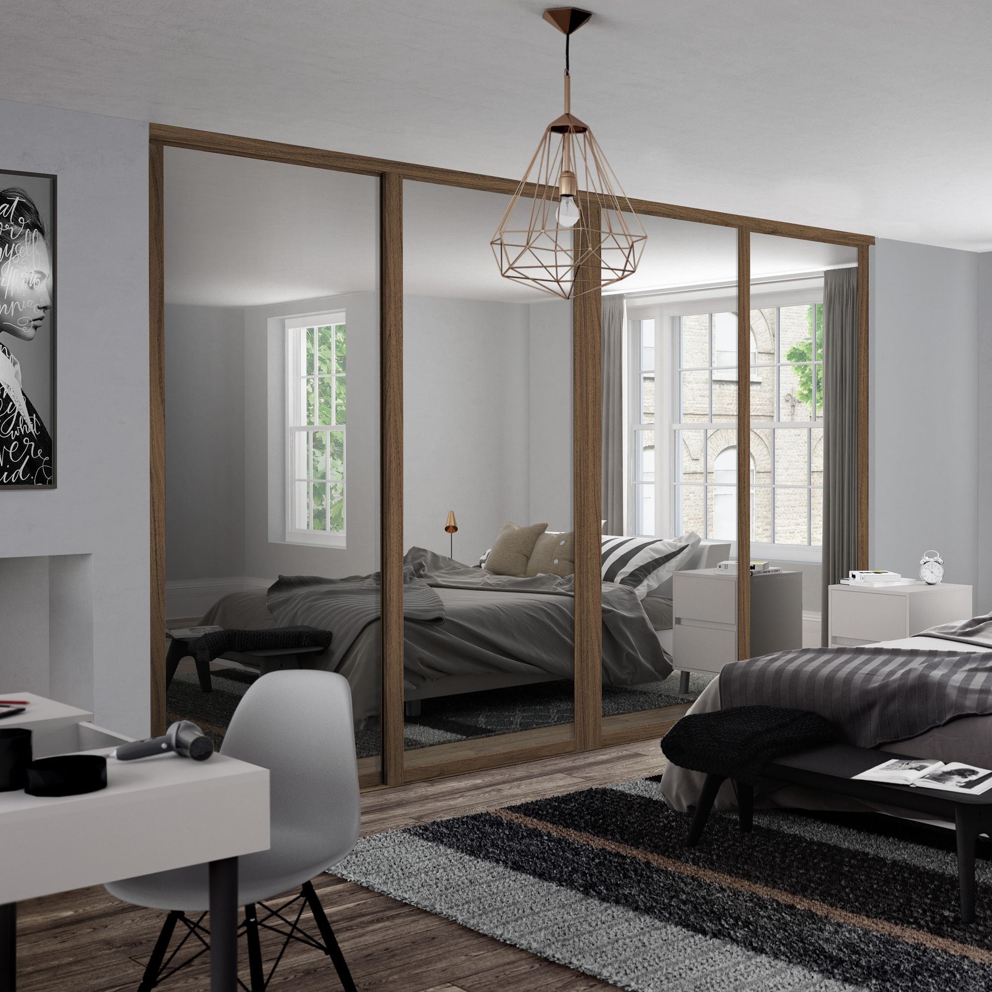 Spacepro Shaker Mirrored Carini walnut effect frame Single panel Sliding wardrobe door, (H)2220mm (W) 762mm Set of 4