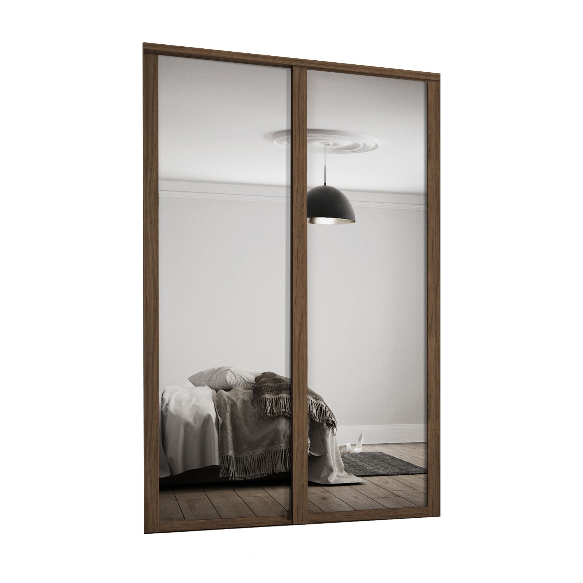 Spacepro Shaker Mirrored Carini walnut effect frame Single panel Sliding wardrobe door, (H)2220mm (W) 914mm Set of 2