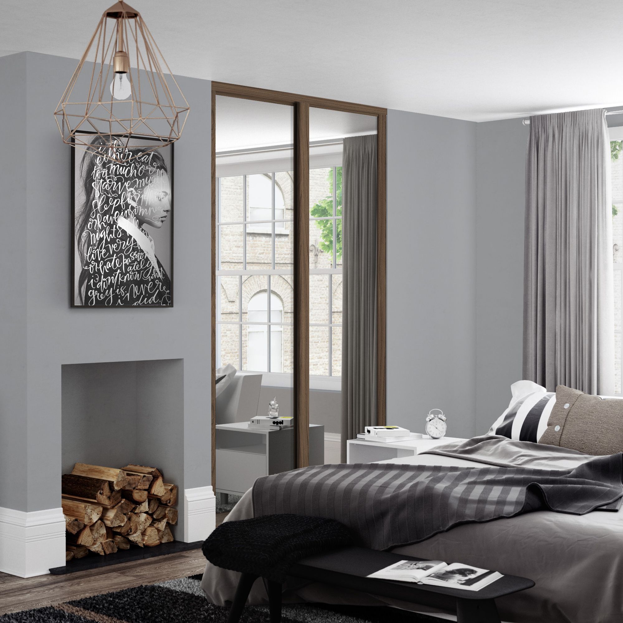 Spacepro Shaker Mirrored Carini walnut effect frame Single panel Sliding wardrobe door, (H)2220mm (W) 914mm Set of 2