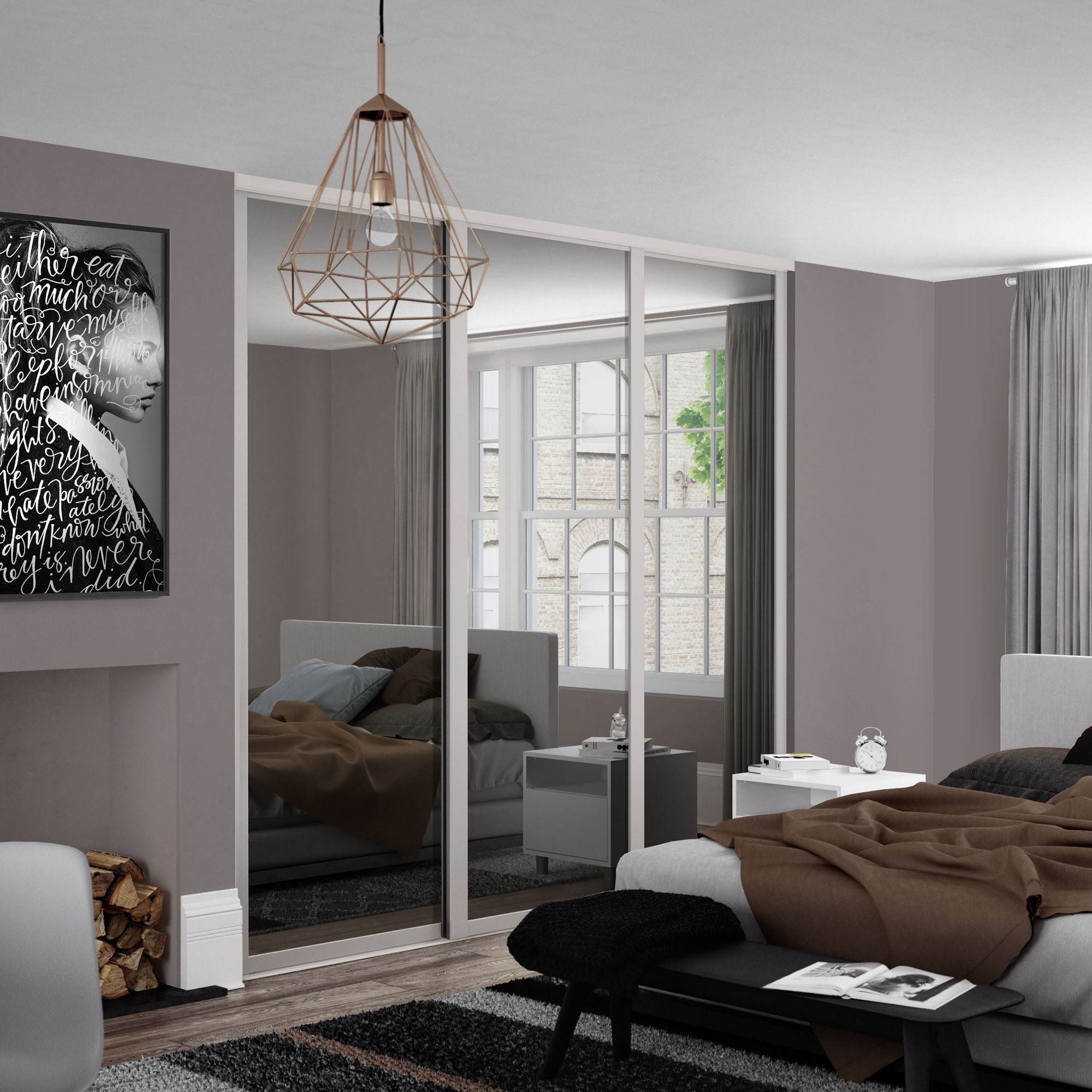 Spacepro Shaker Mirrored Cashmere frame Single panel Sliding wardrobe door, (H)226mm (W) 762mm