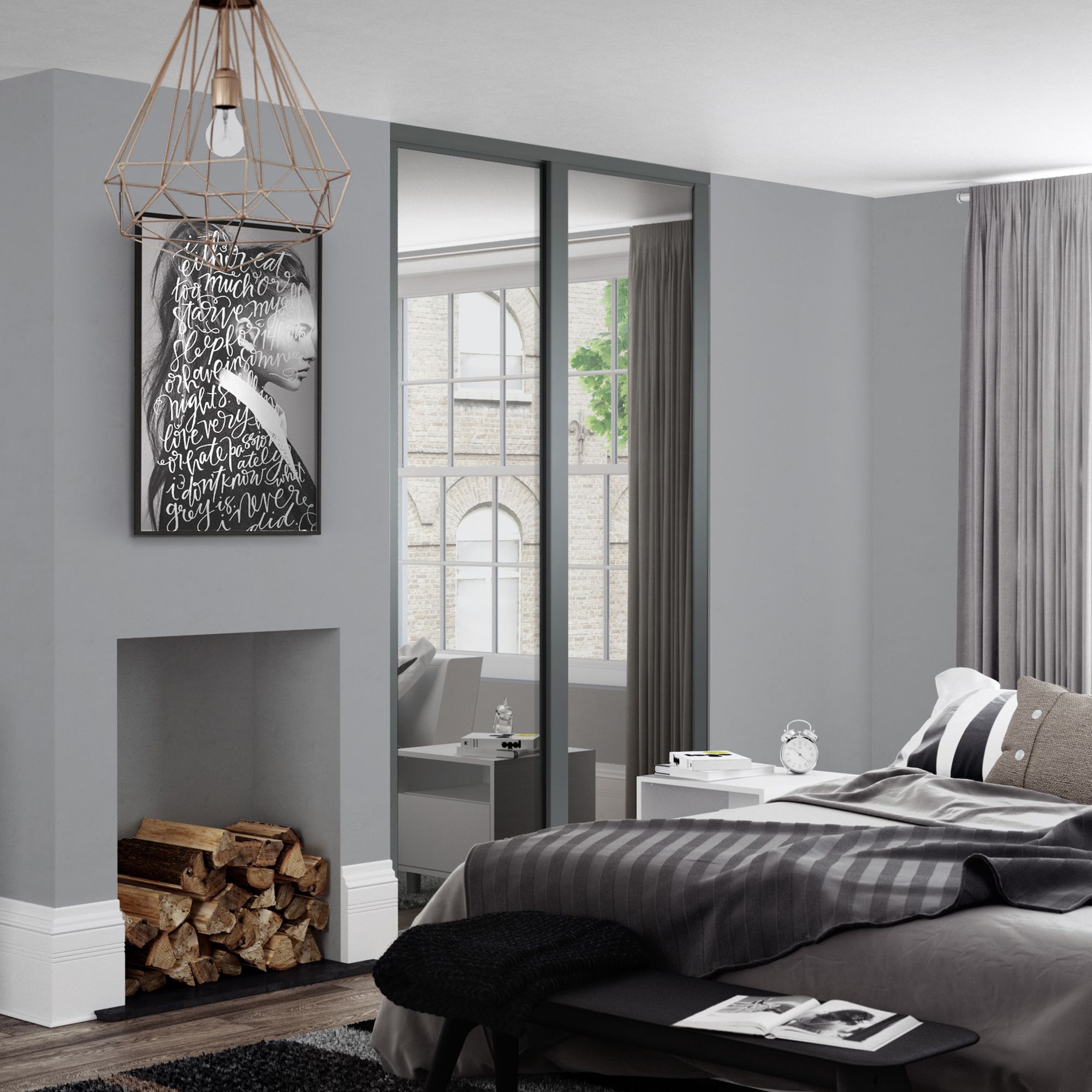 Spacepro Shaker Mirrored Classic Graphite frame Single panel Sliding wardrobe door, (H)2220mm (W) 914mm