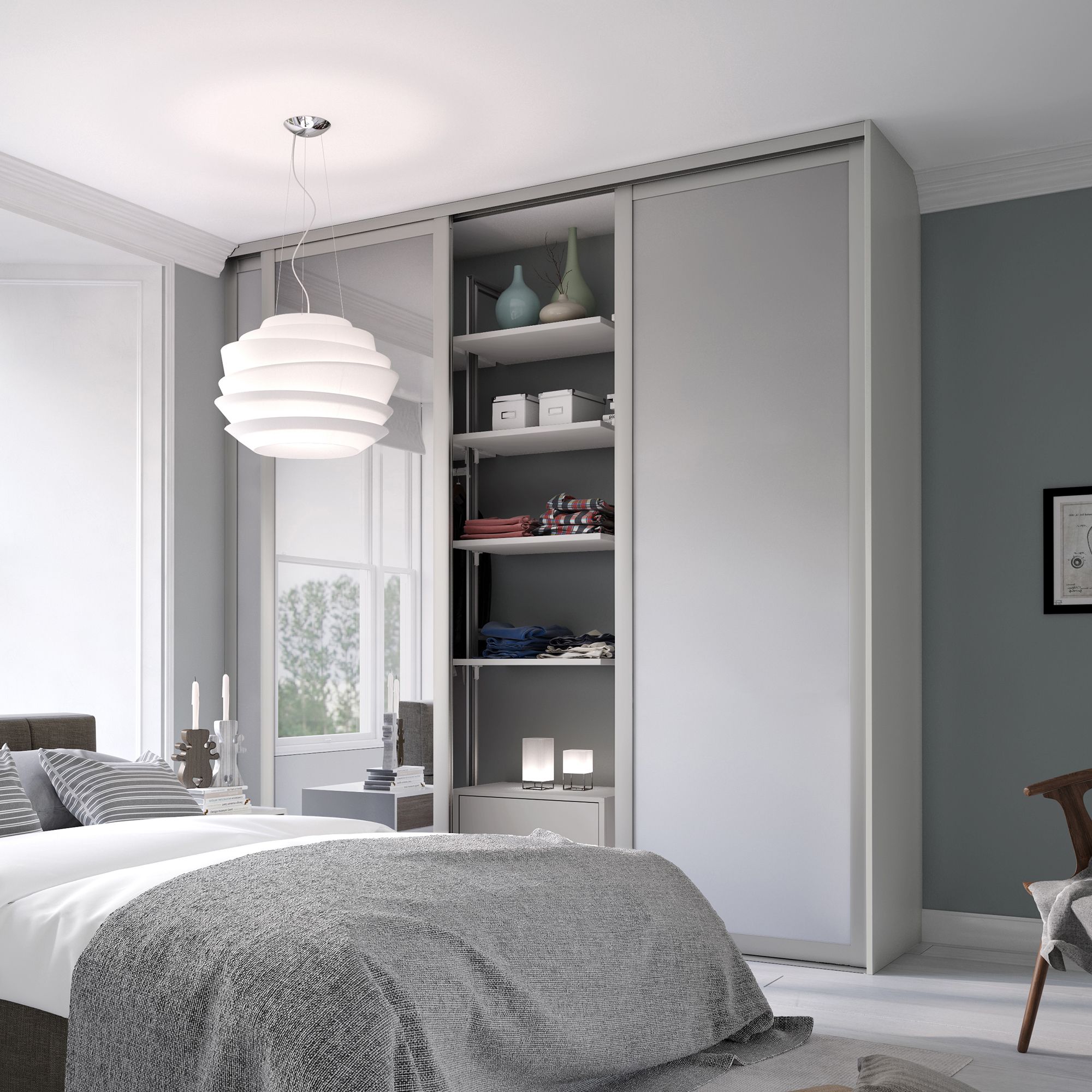 Spacepro Shaker Mirrored Dove grey 3 door Sliding Wardrobe Door kit (H)2220mm (W)2592mm