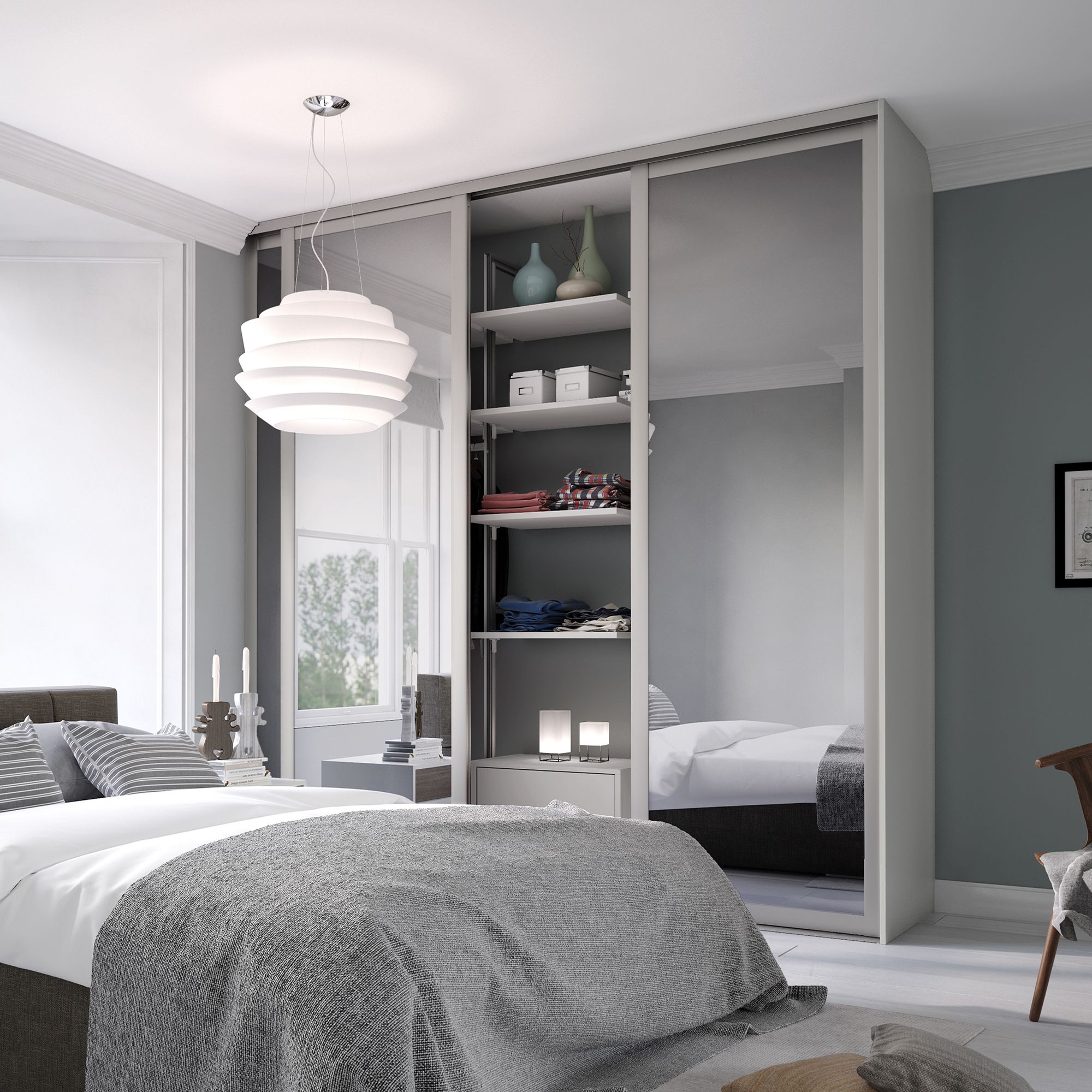 Spacepro Shaker Mirrored Dove grey frame Single panel Sliding wardrobe door, (H)2220mm (W) 762mm