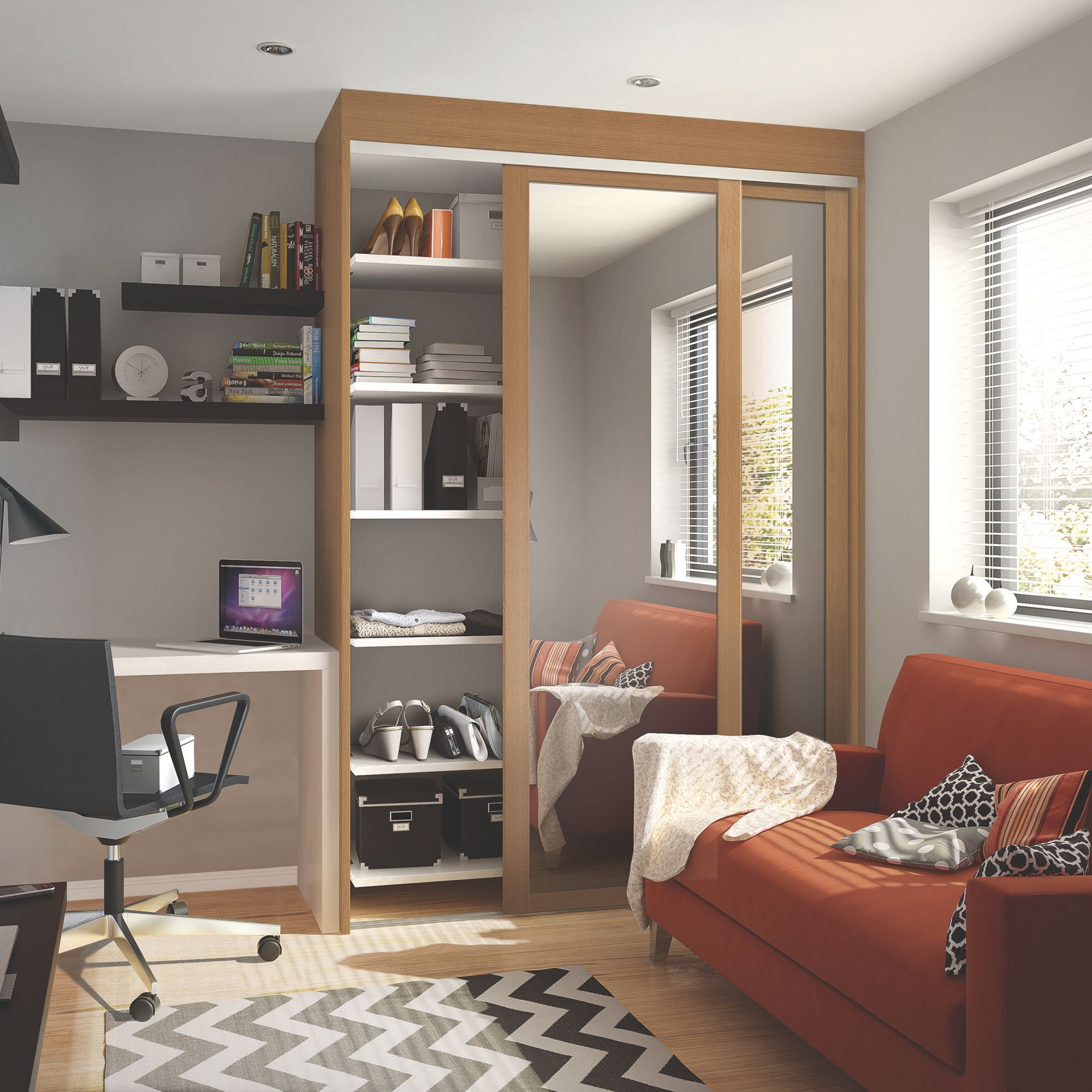 Spacepro Shaker Mirrored Gloss oak effect 2 Sliding Wardrobe Door kit (H)2220mm (W)914mm
