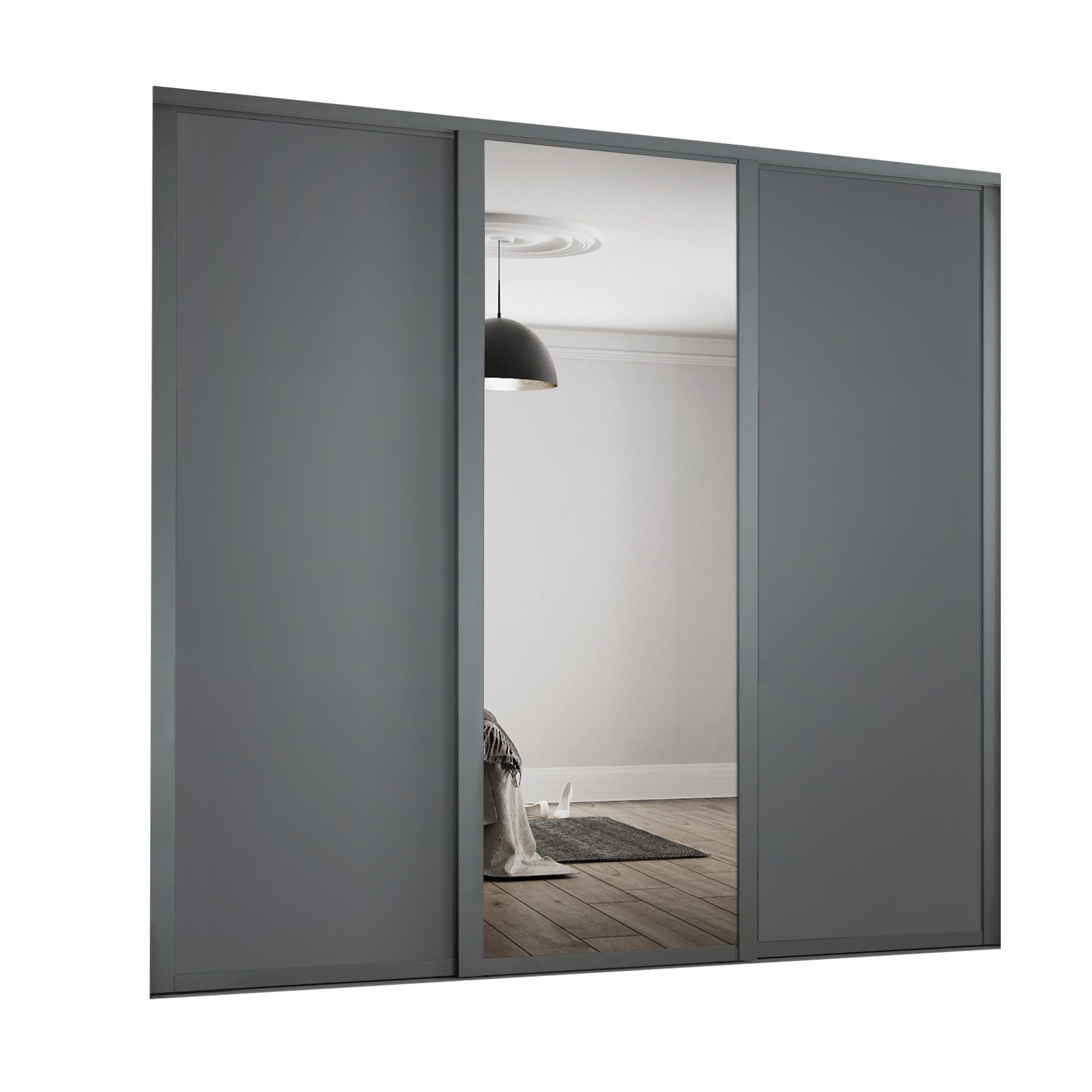 Spacepro Shaker Mirrored Graphite frame Single panel Sliding wardrobe door, (H)2220mm (W) 610mm Set of 3